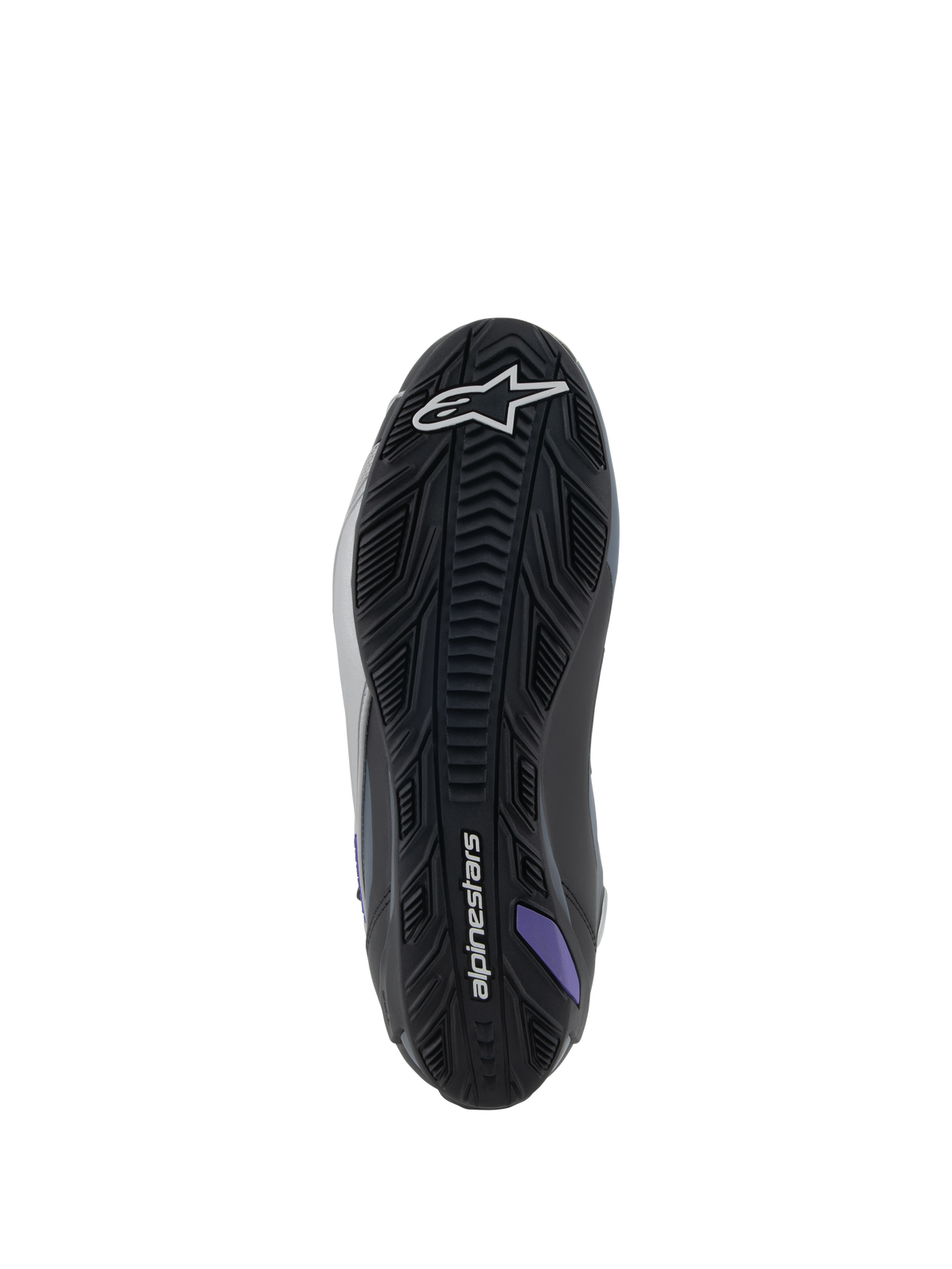 Alpinestars Stella Faster-4 skor, motorcykelstövlar för dam, undersida av sula, svart och grå med lila detaljer, texturerat gummigrepp för vägkörning