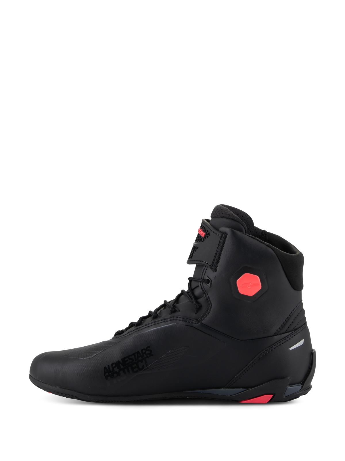 Alpinestars Woman Stella Faster-4 Shoes, Motorcycle Riding Shoes, Black and Diva Pink, featuring seamless microfiber upper, pink hexagonal ankle protector, Alpinestars Protect branding, and integrated lace and strap closure system