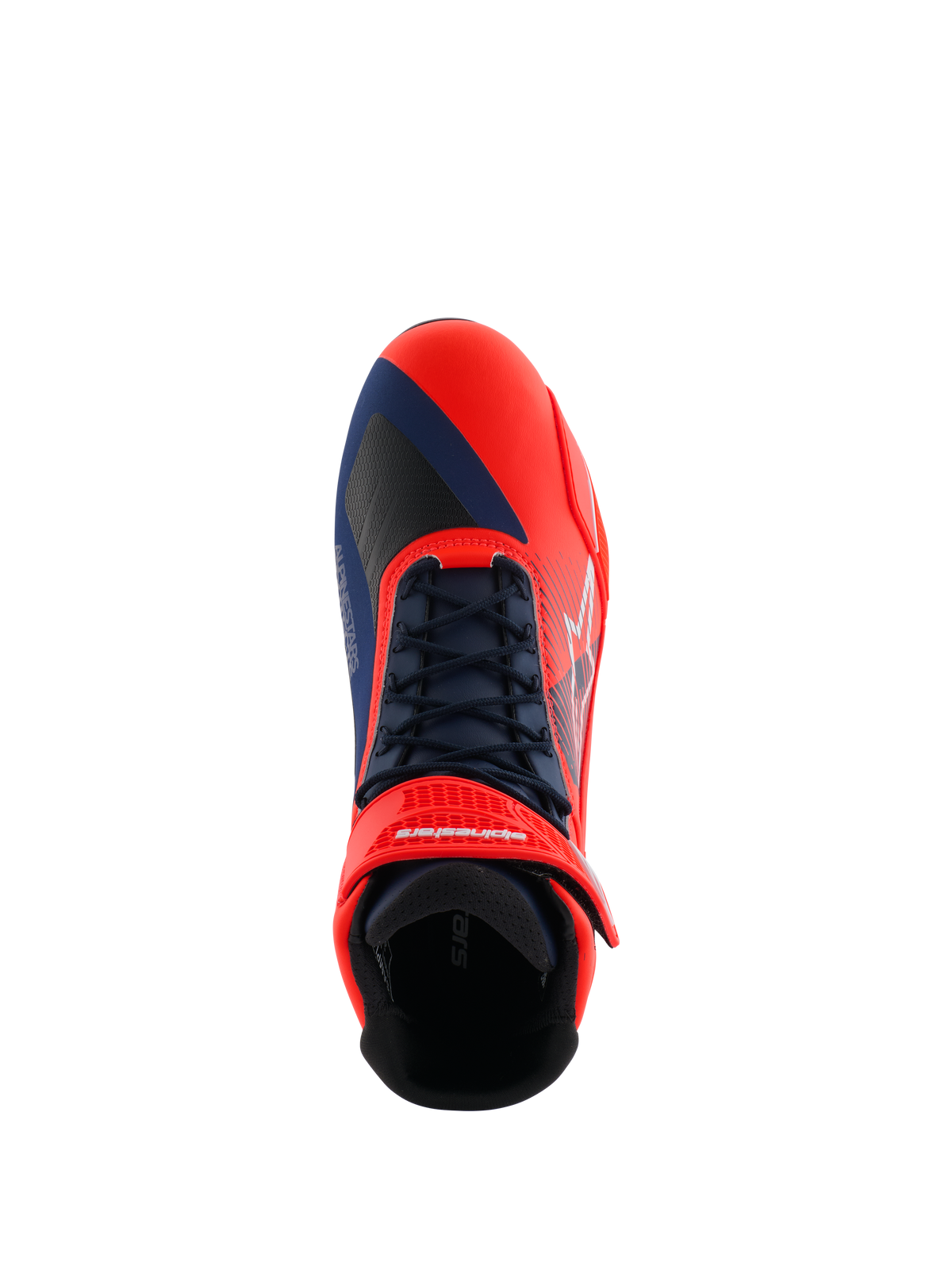 Alpinestars MM93 Faster-4 Shoes, Motorcycle Riding Shoes, Red Fluo and Dark Blue, top-down view featuring traditional lace system and hook-and-loop ankle strap, asymmetric toe design for gear shift protection, vibrant performance footwear for road riding
