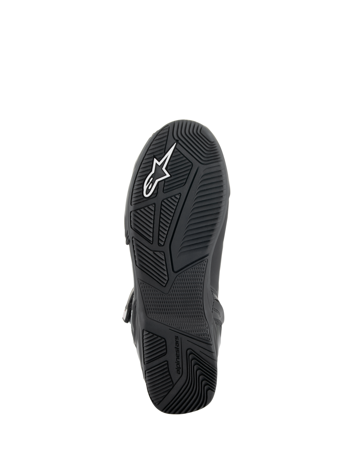 Alpinestars Superfaster-skor, vy av sulan underifrån, svart yttersula i gummi med tekniskt utformade greppmönster i flera riktningar, med vit Alpinestars-logotyp och präglat varumärke, teknisk skodesign för motorcykelkörning