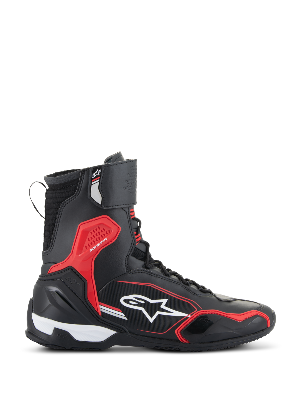 Alpinestars Superfaster Shoes, Black Bright Red and White, high-top motorcycle riding shoe with microfiber and Rideknit panels, featuring red protective TPU accents and a white star logo on the side.