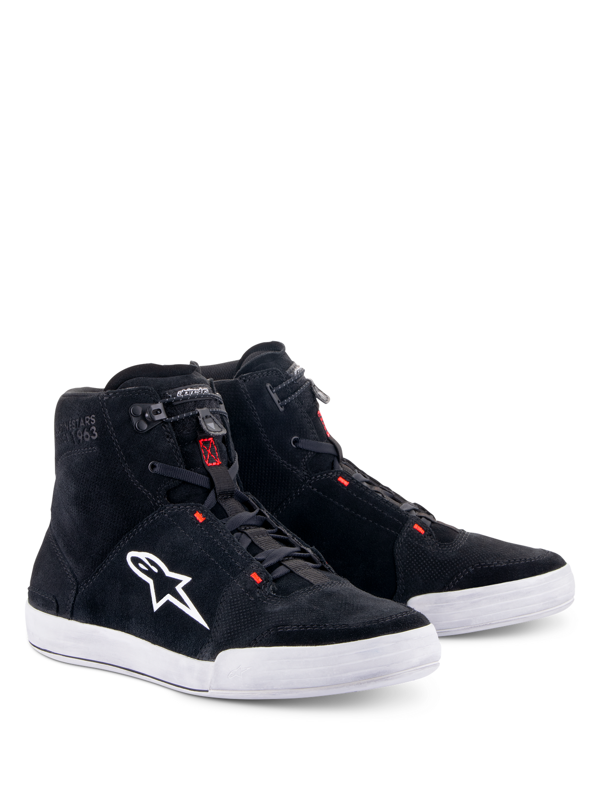 Alpinestars Chrome Shoes, Motorcycle Riding Shoes, Black and Cool Gray with Red Fluo accents, high-top silhouette, split suede upper with white rubber sole, featuring white side logo and quick-action elastic closure, casual urban streetwear style