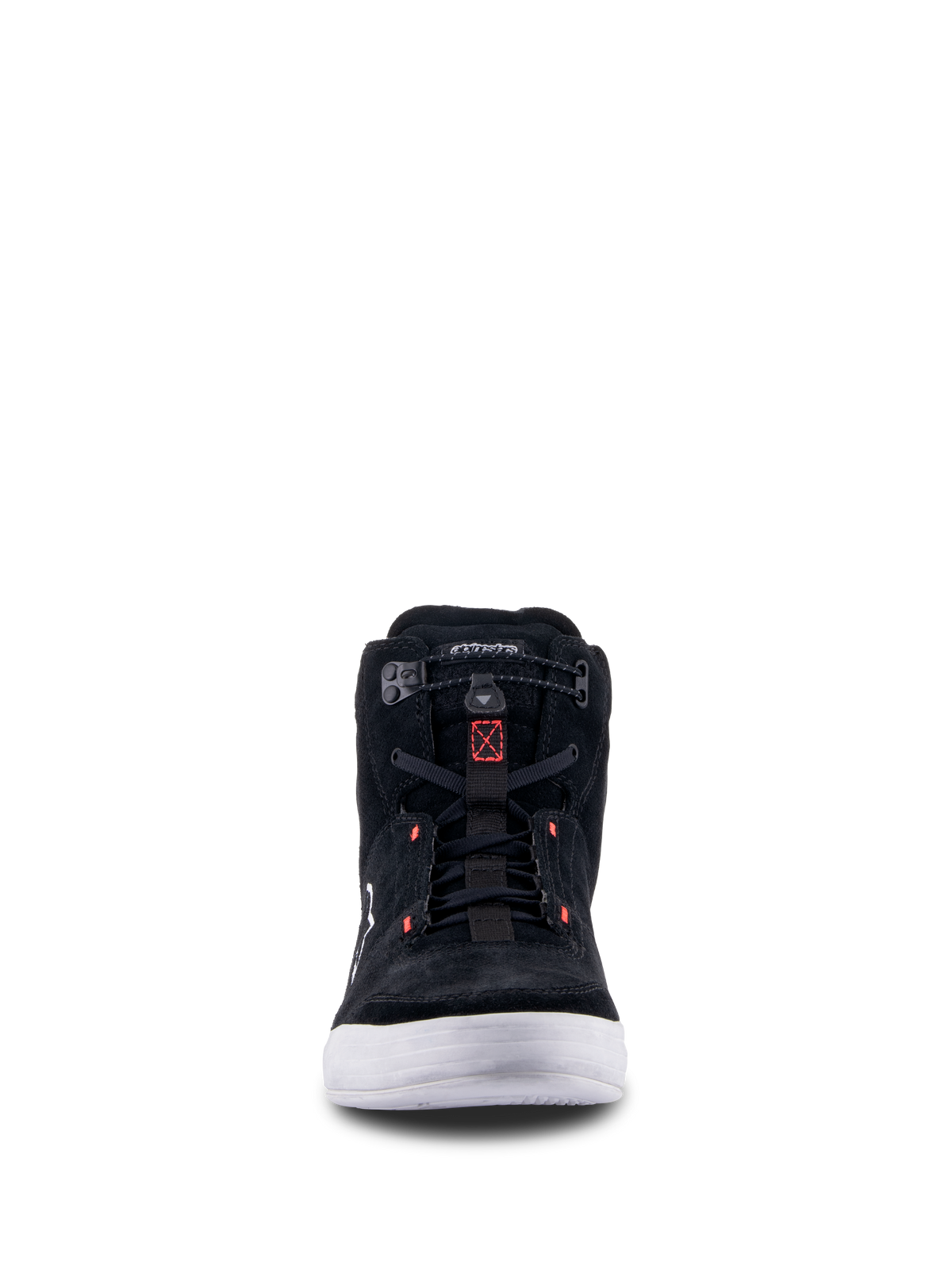 Alpinestars Chrome Shoes, Black Cool Gray Red Fluo, front view of urban motorcycle riding shoe featuring split suede construction, white sole, and elasticated closure with red accents.