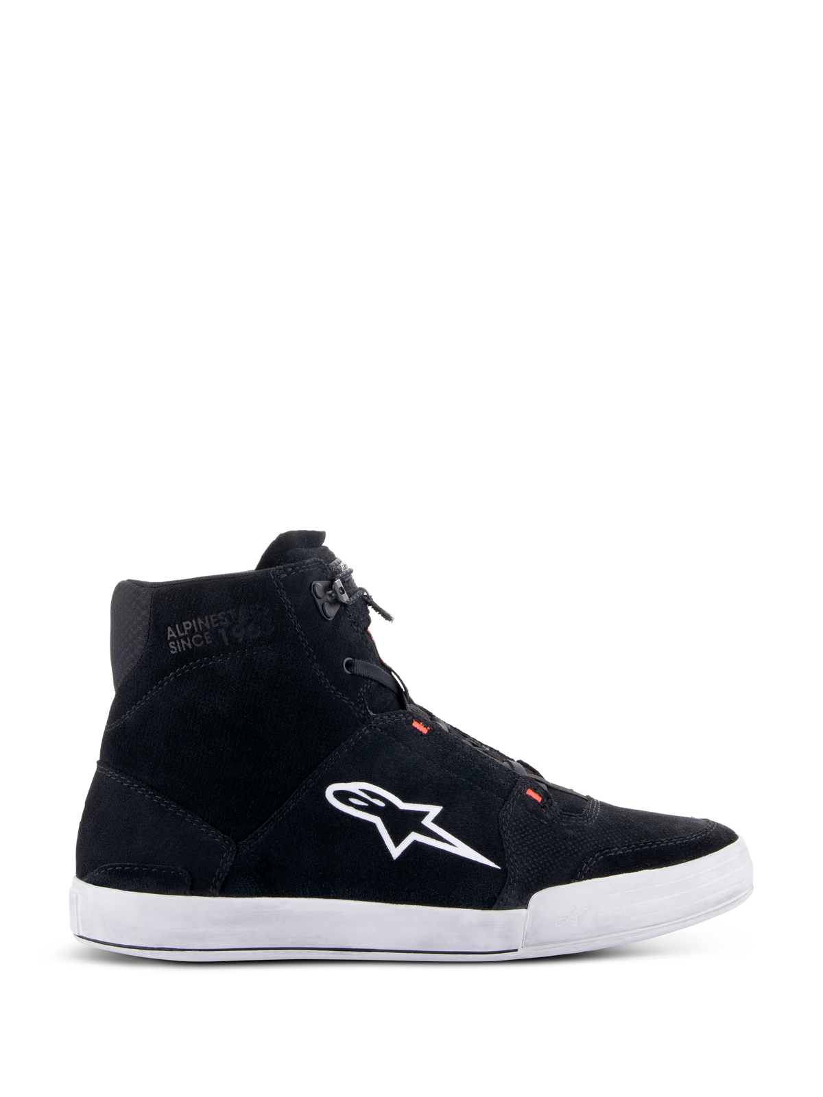 Alpinestars Chrome Shoes, Urban Riding Shoes, Black and White with Red Fluo accents, side profile featuring split suede construction, large white A-star logo, white rubber cup sole, and casual sneaker-inspired silhouette for motorcycle commuting
