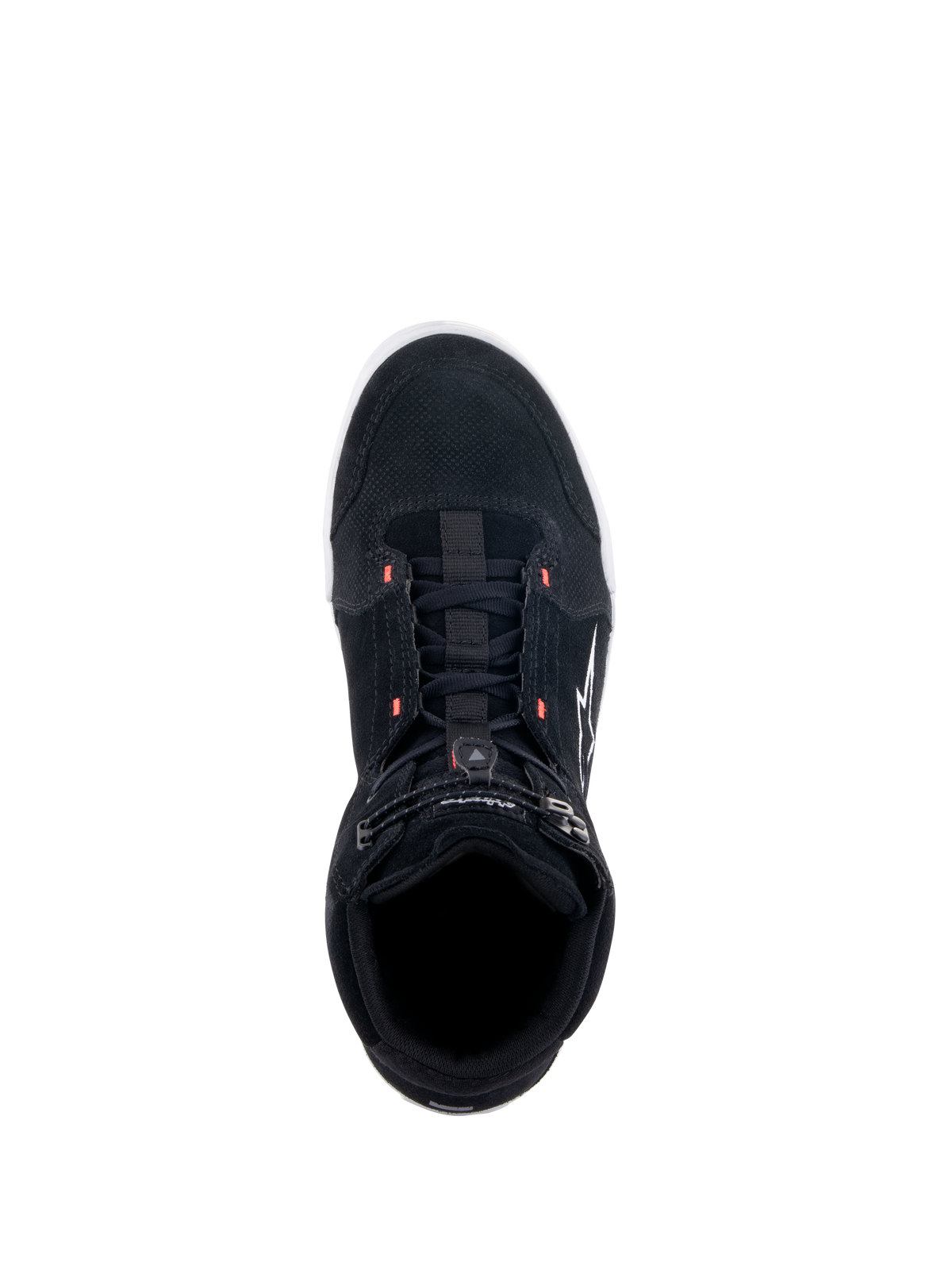 Alpinestars Chrome Shoes, Black Motorcycle Riding Shoes, top-down view showing split suede upper with red fluo accents, casual urban style featuring an elasticated top closure and white logo on the side.