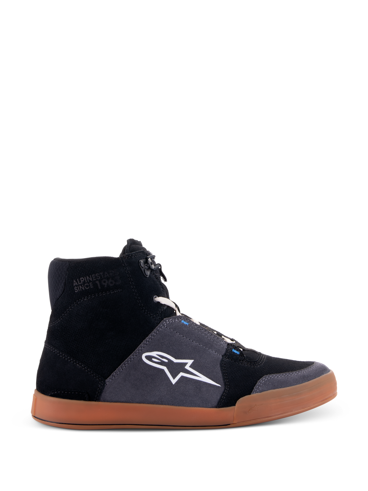 Alpinestars Chrome Shoes, high-top motorcycle riding sneakers, black and asphalt gray suede upper, gum brown sole, white star logo on the side, white laces, casual urban style with integrated protective features