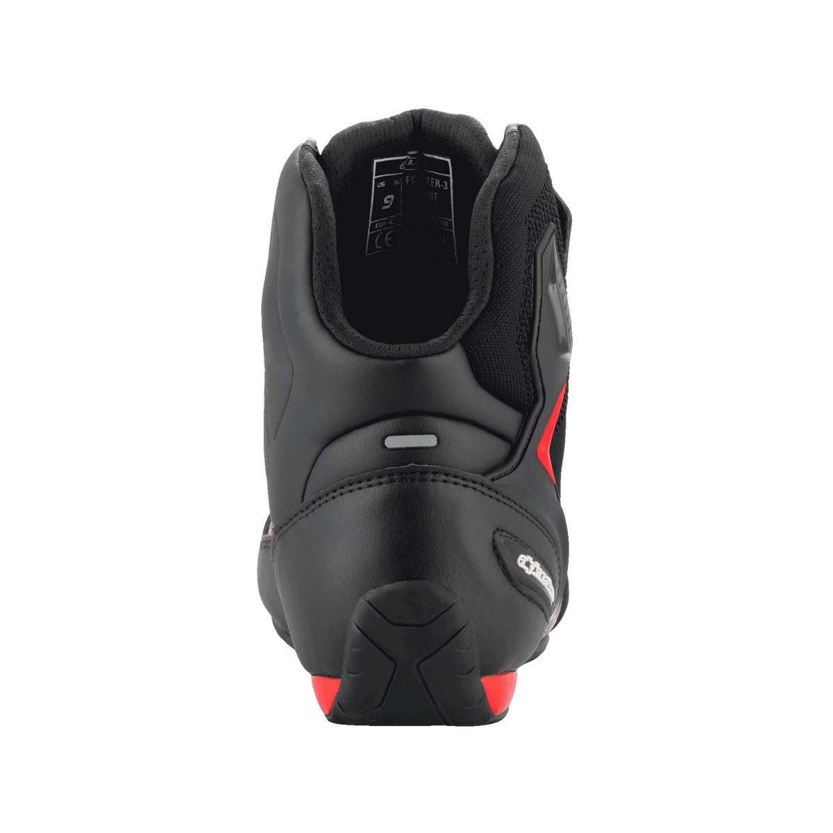 Alpinestars FQ20 Faster-3 Rideknit®-skor, svarta och klarröda, vy bakifrån som framhäver den konturerade hälkappan, reflexremsa och vadderad ankelkrage, tekniska motorcykelskor