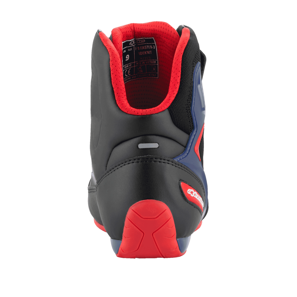 Alpinestars FQ20 Faster-3 Rideknit®-skor, motorcykelskor, svart, klaröd och blå, vy bakifrån som visar röd TPR-hälkappa, vadderat rött meshfoder och reflexremsa, sportig design för vägkörning.