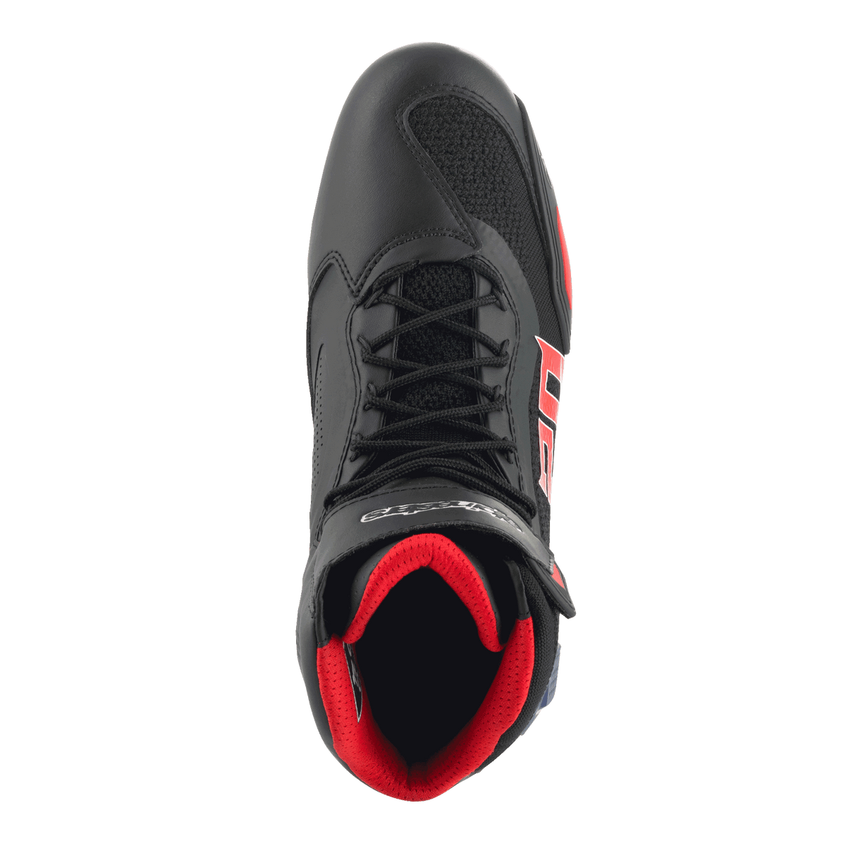 Alpinestars FQ20 Faster-3 Rideknit®-skor, motorcykelskor, svarta med klaröda och blå detaljer, vy uppifrån med Rideknit®-mesh som andas, snörning och vadderad röd insida