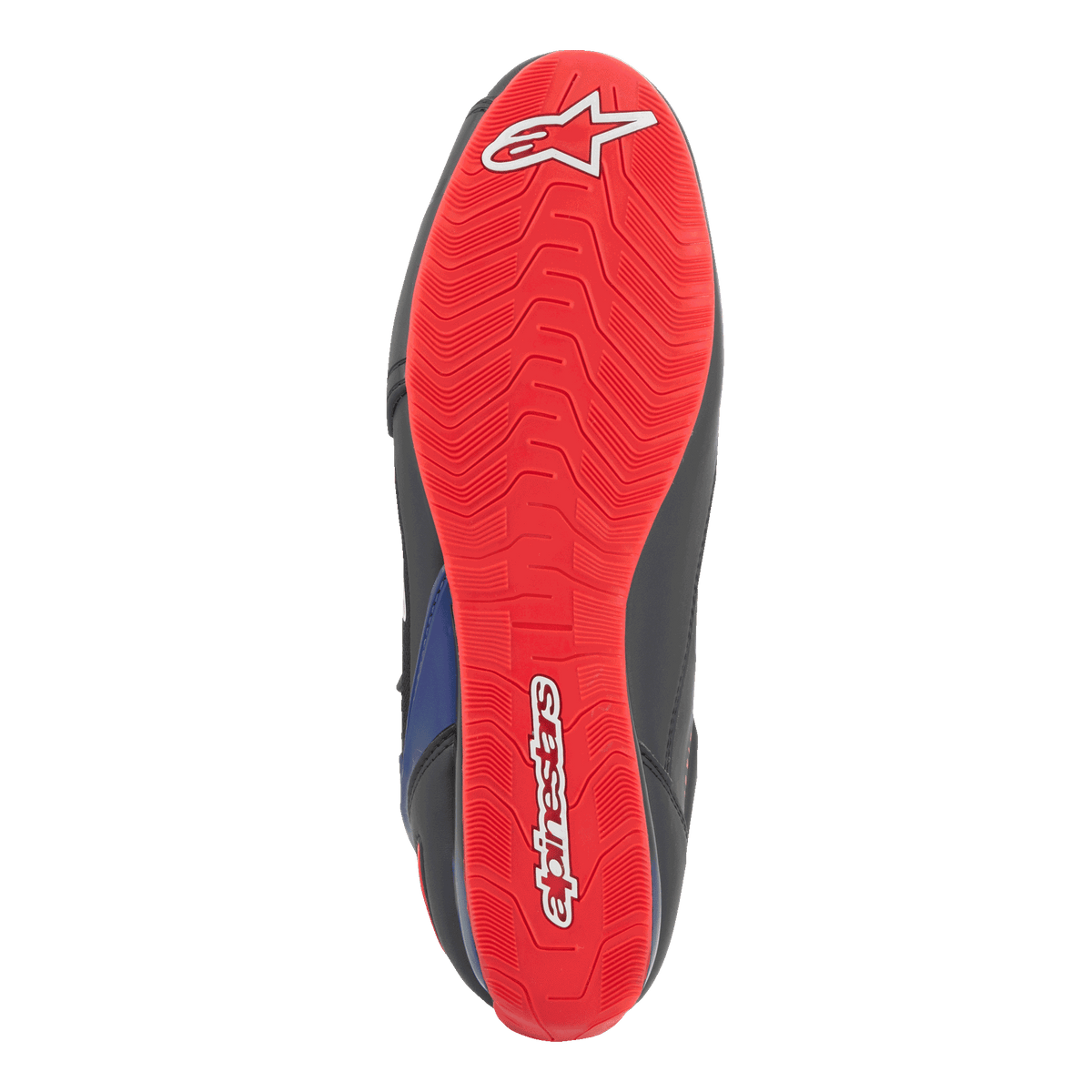 Alpinestars FQ20 Faster-3 Rideknit®-skor, vy av sulans undersida, klarröd med vit Alpinestars-logotyp och text, texturerat greppmönster för motorcykelkörning