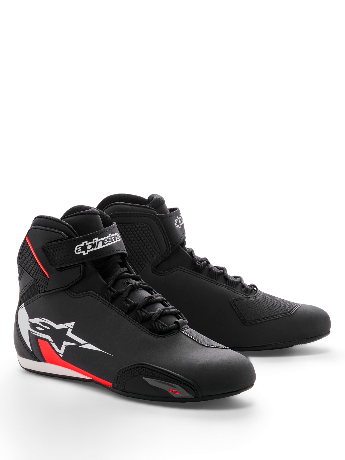 Alpinestars Sektor Shoe, Motorcycle Riding Shoes, Black White and Red Fluo, featuring a sleek microfiber chassis, speed lacing system with hook-and-loop ankle strap, and large white star logo with red accents on the side