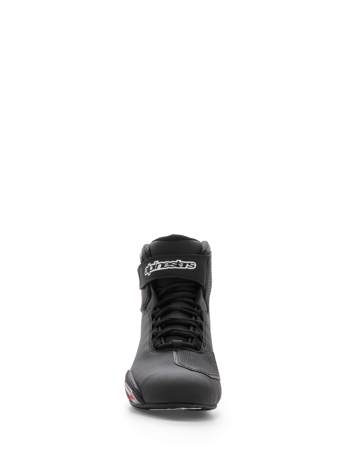 Alpinestars Sektor Shoe, Motorcycle Riding Shoe, Black, front view showing microfiber chassis, speed lacing system, and ankle strap with white Alpinestars logo, sleek athletic design for road riding