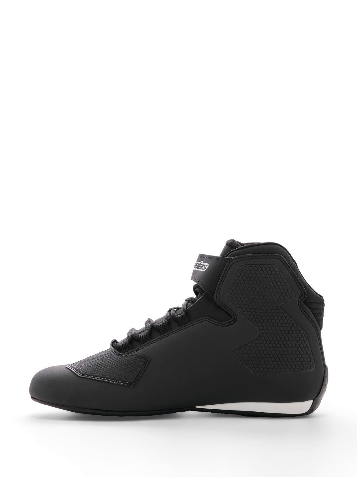 Alpinestars Sektor Shoe, Motorcycle Riding Shoe, Black, side profile view, featuring a sleek microfiber upper with honeycomb textured ankle panels, speed lacing system, ankle strap with logo, and a white accent on the heel, designed for road and sport riding