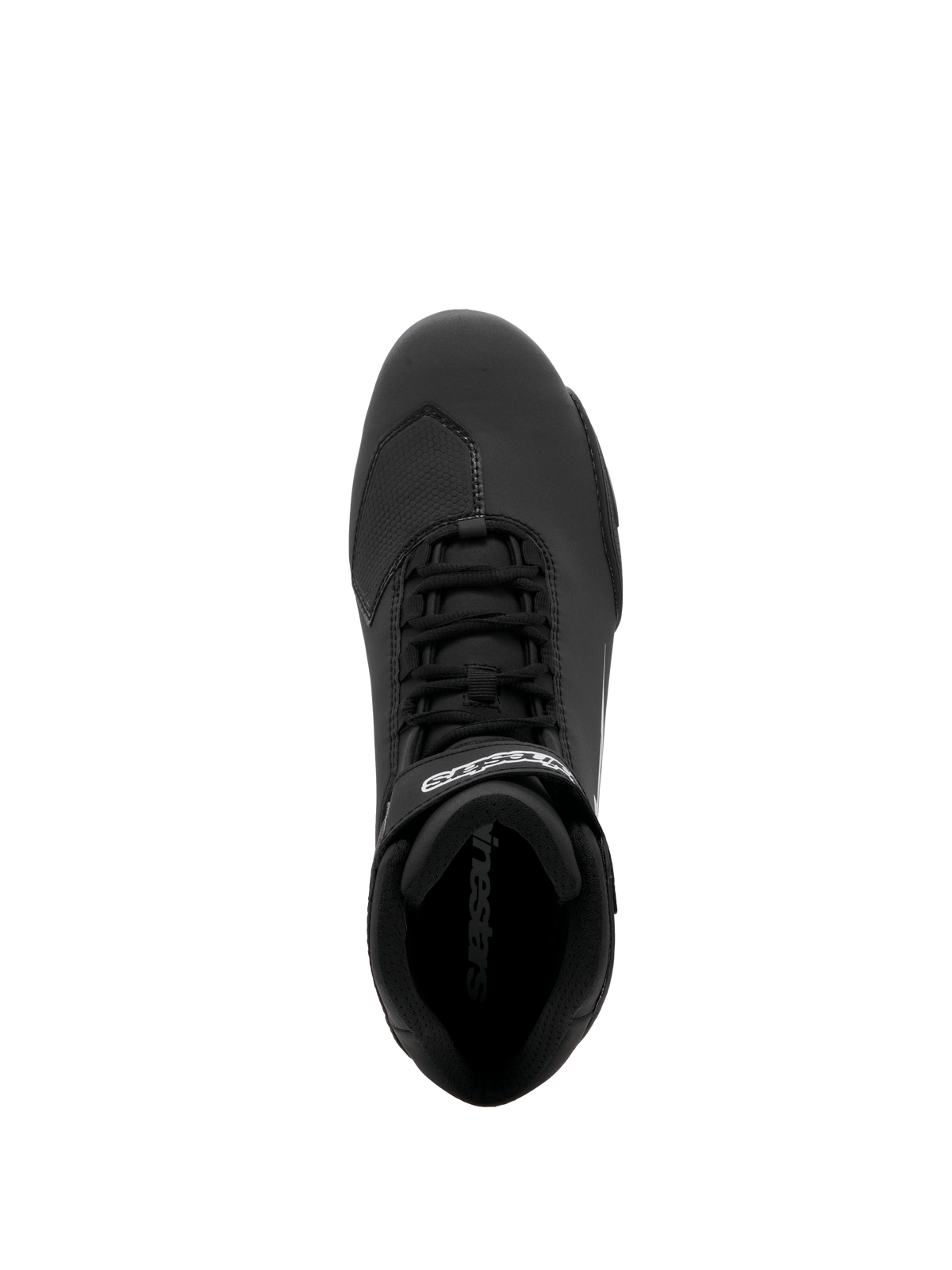 Alpinestars Sektor Shoe, Motorcycle Riding Shoe, Black, top-down view featuring speed lacing system and secure ankle strap with white branding, lightweight microfiber construction