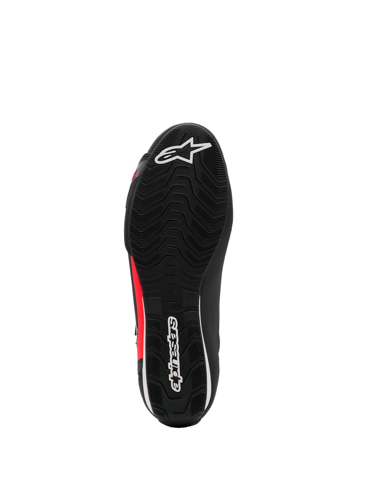 Alpinestars Sektor Shoe, Motorcycle Riding Shoes, Black White and Red Fluo, bottom view featuring textured rubber sole with white logos and red accents, lightweight road riding footwear design