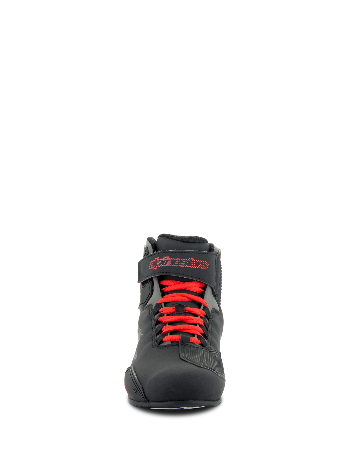 Alpinestars Sektor Shoes, Motorcycle Riding Shoes, Black and Bright Red, front view showing red laces and ankle strap with red Alpinestars logo, durable microfiber construction with a sleek sport profile