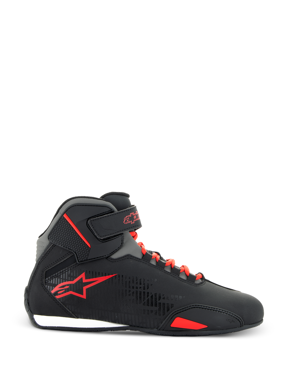 Alpinestars Sektor Shoes, Motorcycle Riding Shoes, Black and Bright Red, side profile view of high-top microfiber shoe featuring red speed laces, adjustable ankle strap, and red star logo, sleek road-riding design