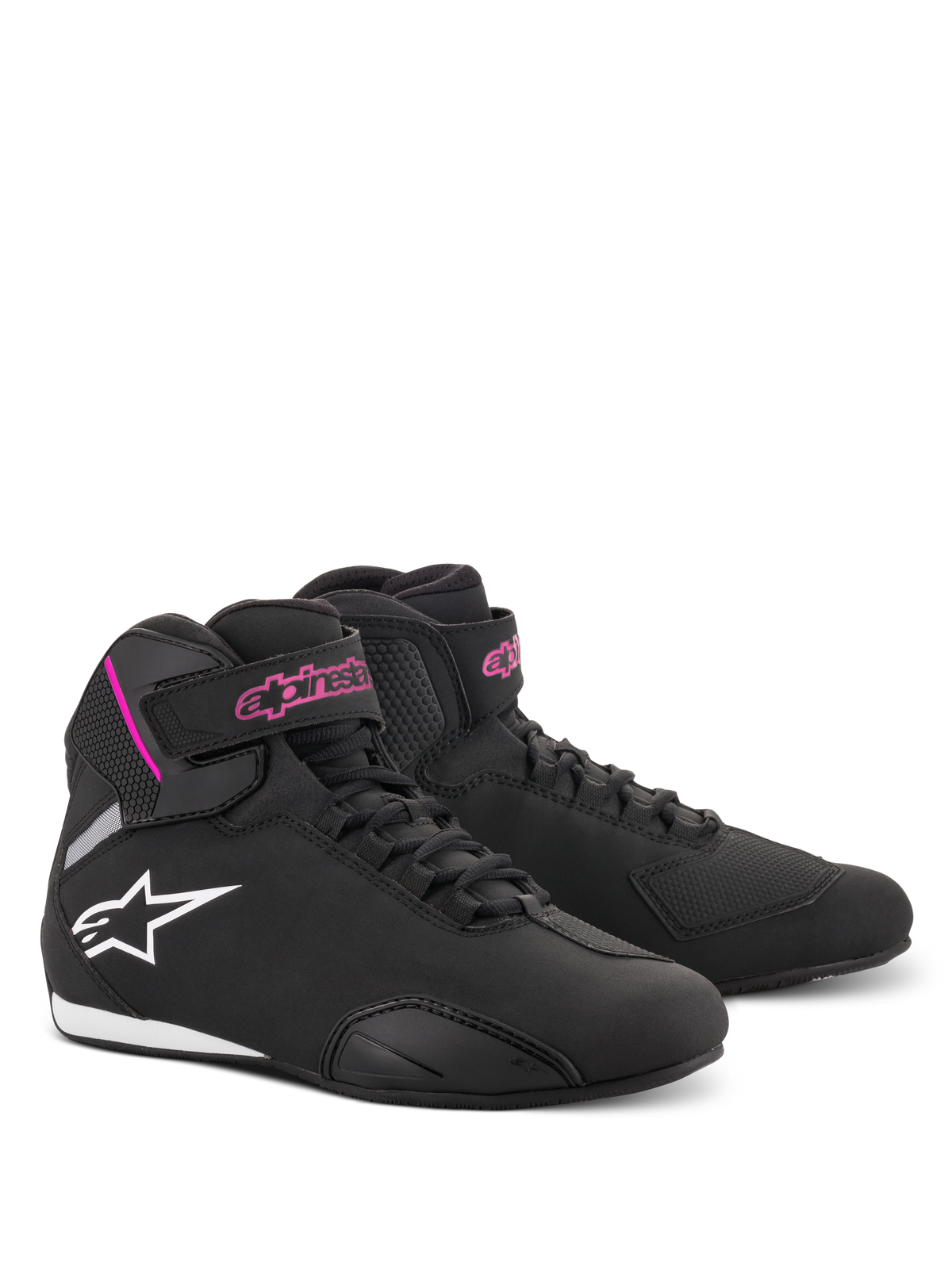 Alpinestars Stella Sektor-skor för dam, motorcykelskor, svarta och fuchsia, lätt mikrofiberkonstruktion, high-top-design med snabbsnörning och kardborreband, rosa logotyp och vit stjärnlogotyp, sportiga skyddsskor
