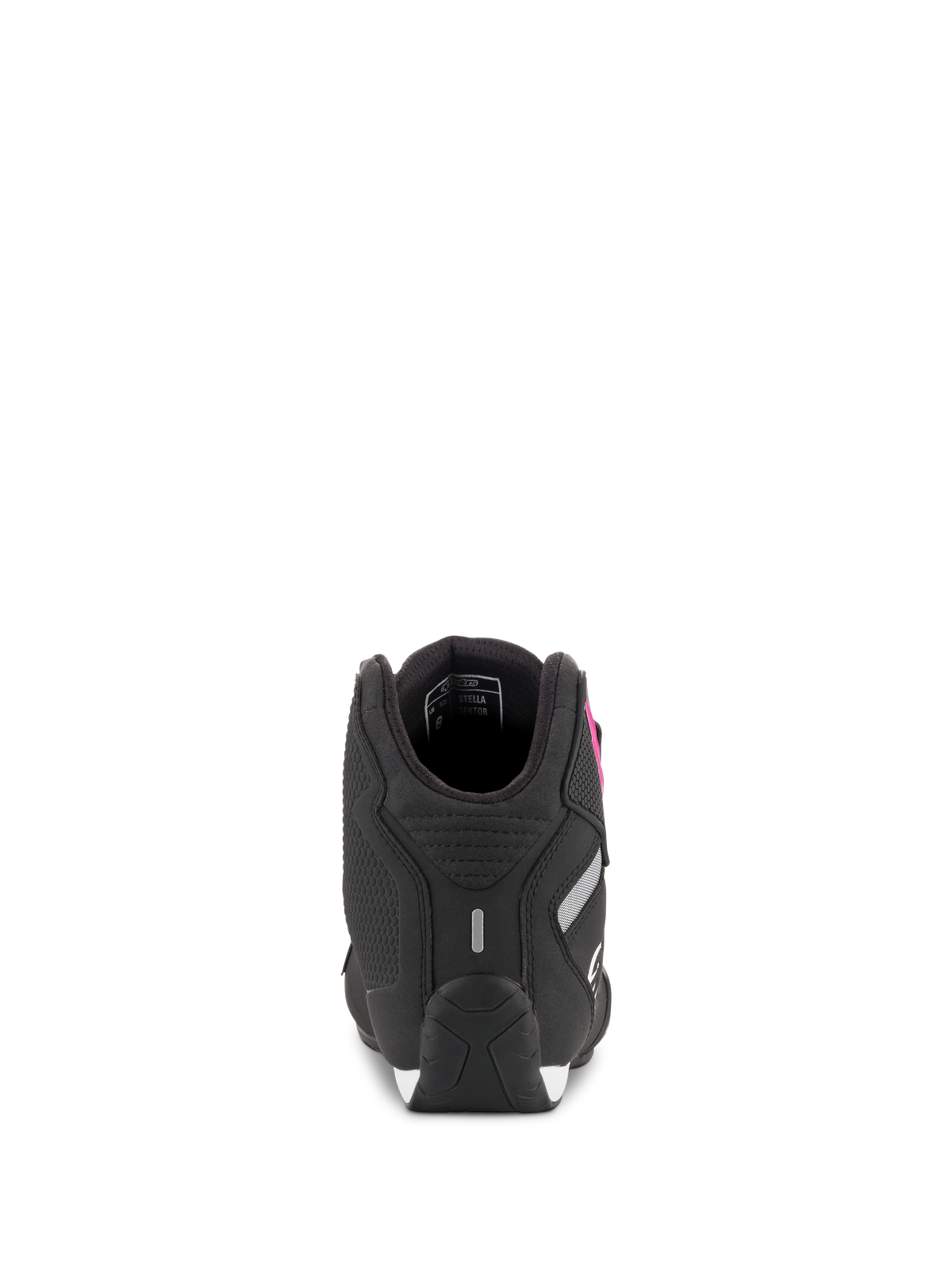 Alpinestars Stella Sektor-skor för damer, svarta och fuchsia, vy bakifrån som visar hälkonstruktion och reflexdetalj, lätta motorcykelskor i mikrofiber