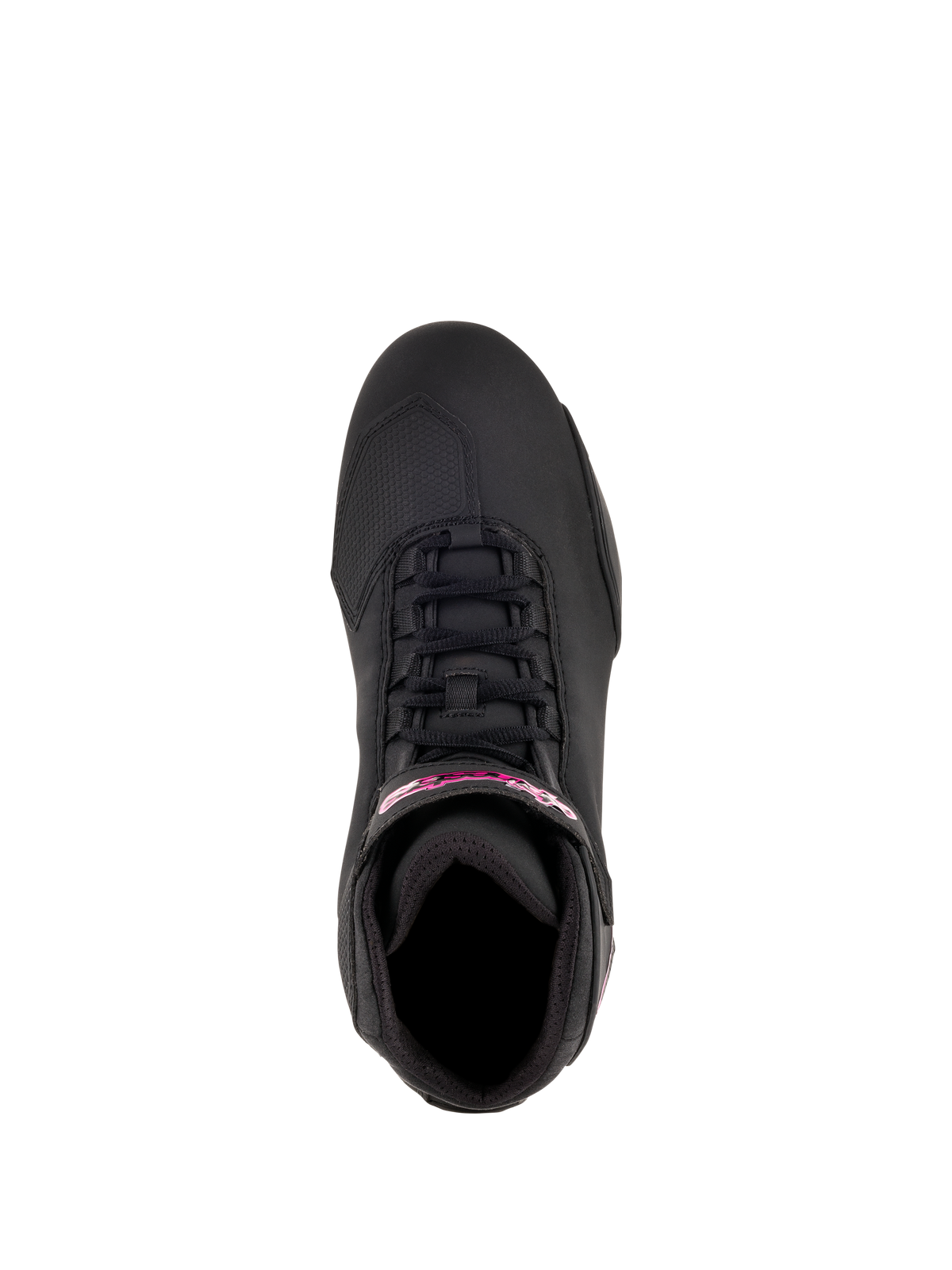 Alpinestars Stella Sektor-skor för damer, motorcykelskor, svarta och fuchsia, vy ovanifrån som visar snabbsnörningssystemet och fuchsiafärgad logotyp på ankelremmen, lätt mikrofiberkonstruktion med en smidig sportprofil