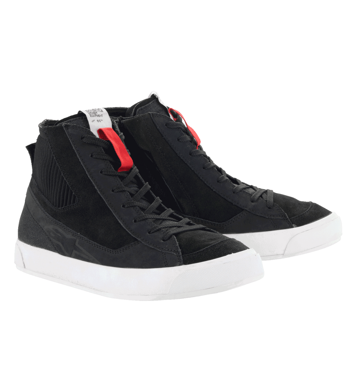 Alpinestars Stated Shoes, Urban Motorcycle Riding Shoes, Black with White soles, retro street-sneaker style, high-top design featuring nubuck and suede construction, classic laces with red accents, protective urban riding footwear