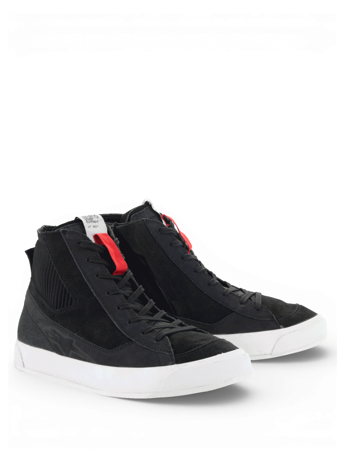 Alpinestars Stated skor, urbana motorcykelsneakers för herr, svarta och vita, nubuck och mocka i retro skate-stil, vulkaniserad sula, CE-certifierade.