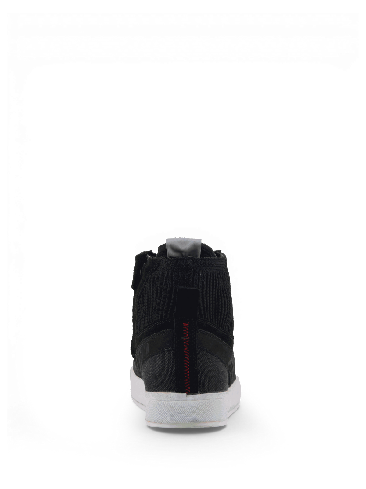 Alpinestars Stated skor, urbana MC-sneakers för herrar, vy bakifrån i svart nubuck och canvas med vita sulor.
