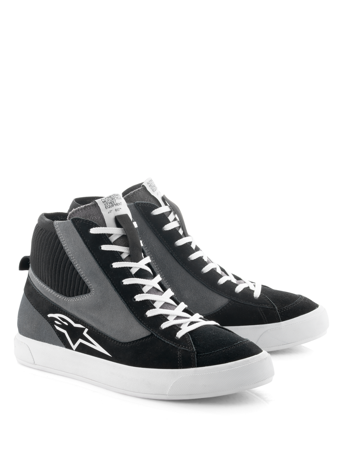 Alpinestars Stated Shoes, Motorcycle Riding Shoes, Black Gray and White, retro skate-inspired high-top design with white laces and vulcanized rubber sole, featuring the Alpinestars logo on the side and a blend of suede and canvas materials.