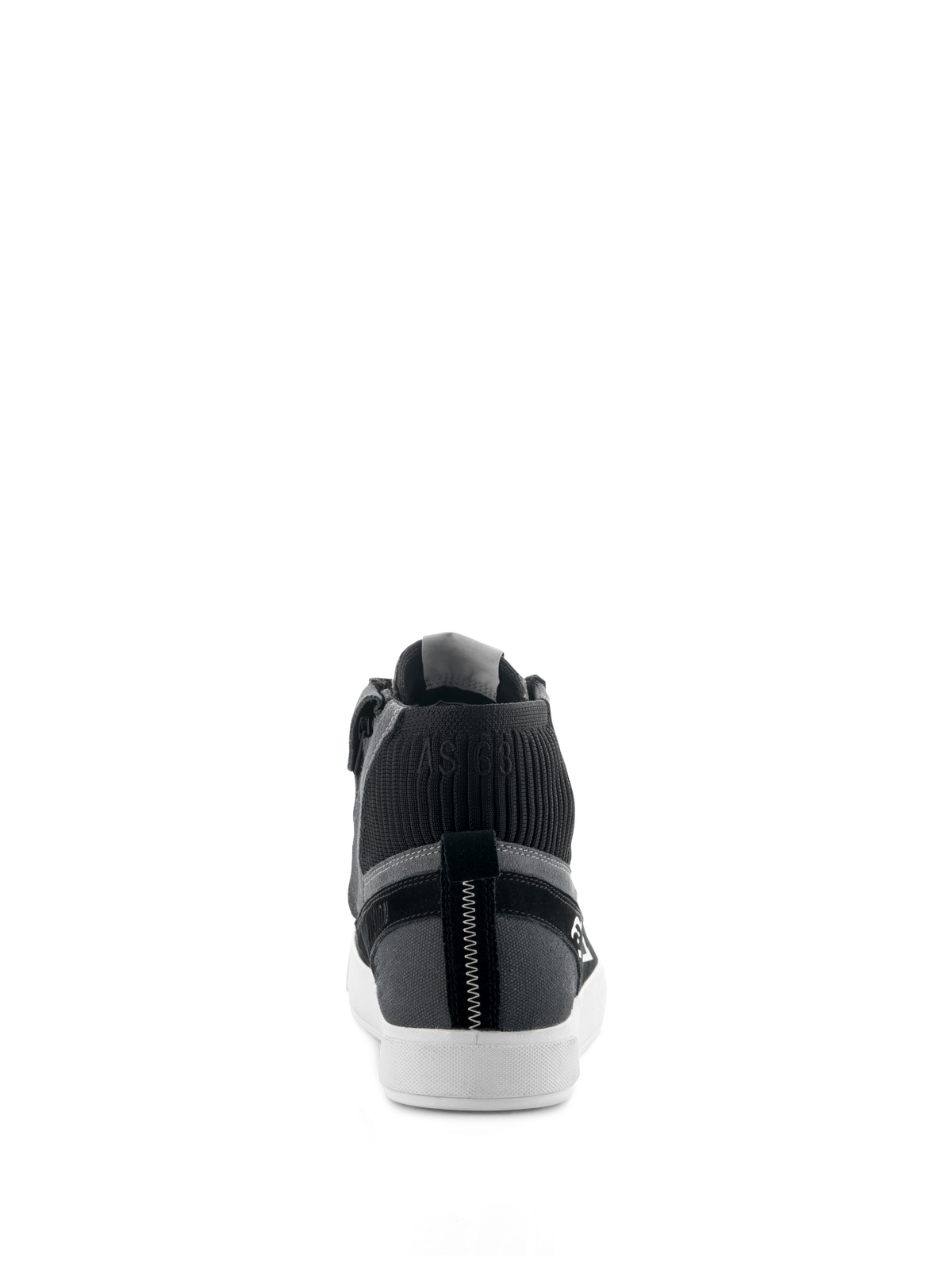 Alpinestars Stated Shoes, urban motorcycle riding shoes, Black Gray White, rear view featuring white vulcanized sole, gray suede and canvas upper, black knitted ankle collar with "AST63" branding, and vertical white zigzag stitching on the heel.