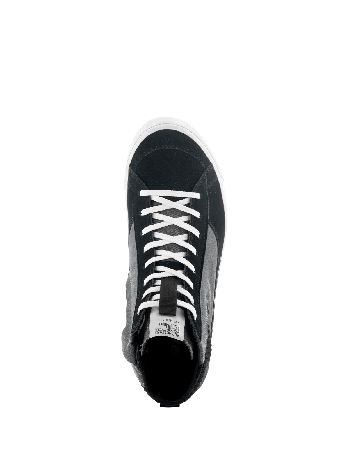 Alpinestars Stated Shoes, Top-down view of Black Gray and White motorcycle sneaker, featuring white laces, split suede and canvas upper, white vulcanized sole, urban riding footwear