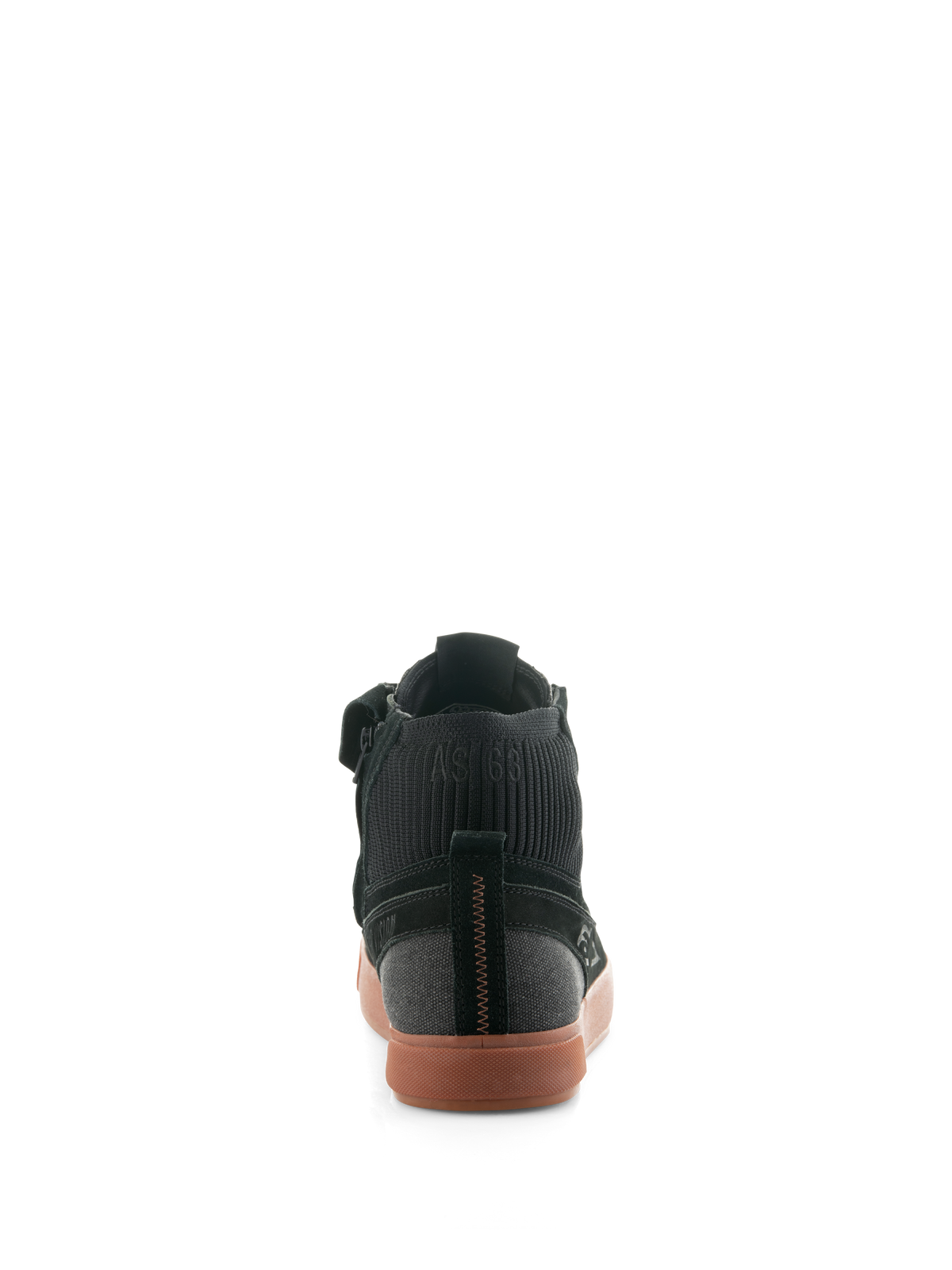 Alpinestars Stated Shoes, Black Gum urban riding shoes, rear view showing the gum vulcanized sole, black suede and canvas upper, and ribbed knitted ankle collar