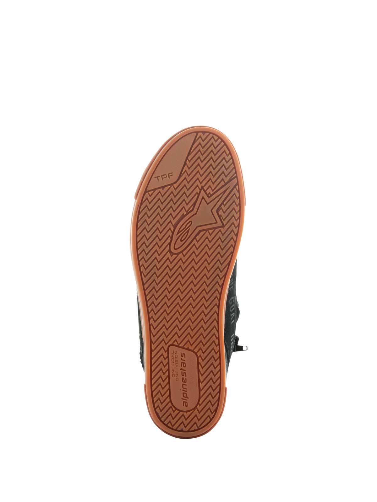 Alpinestars Stated Shoes, Black Gum, bottom view of the vulcanized gum rubber sole featuring a herringbone traction pattern, Alpinestars logo, and TPF (Transversal Protection Frame) branding, urban motorcycle footwear