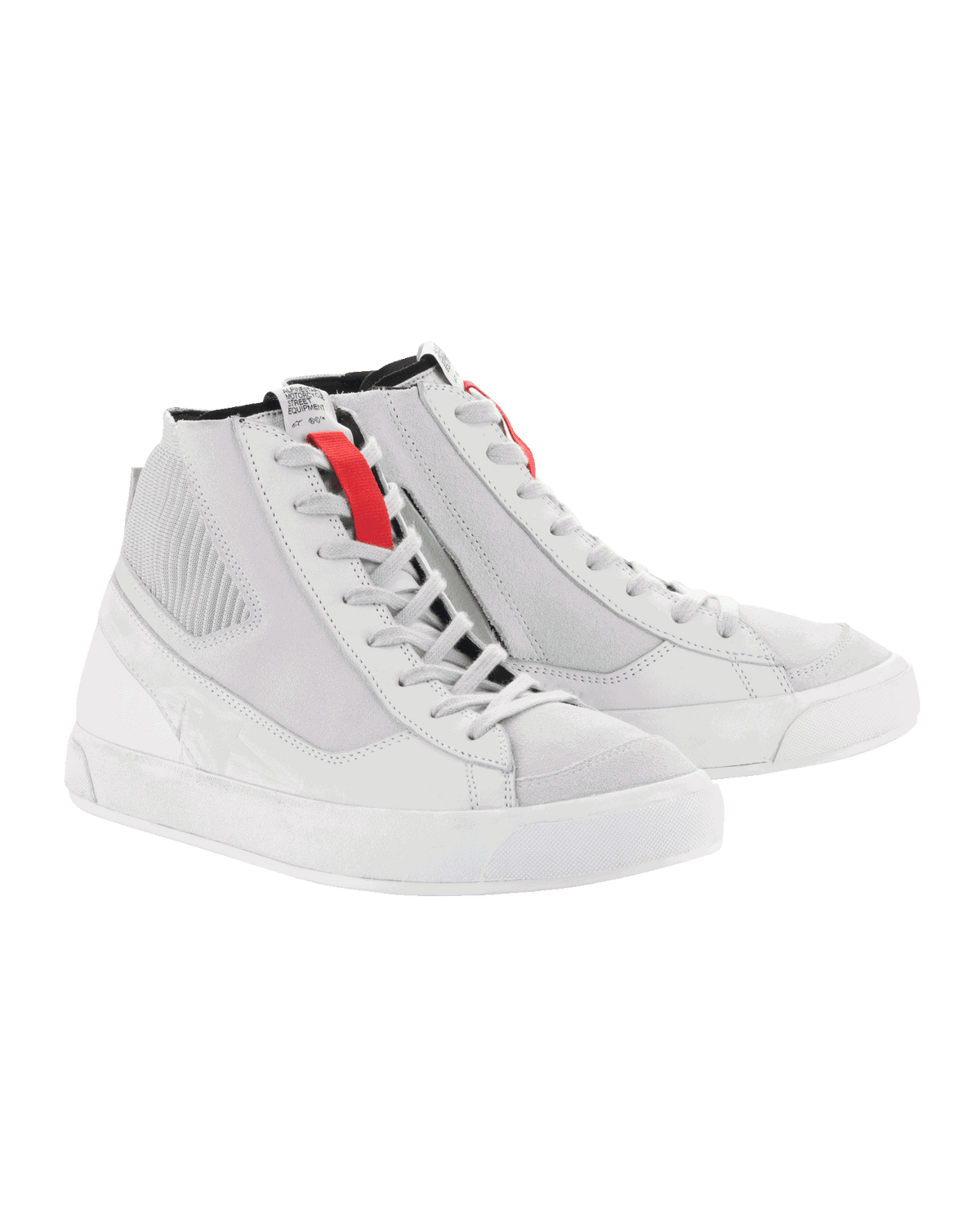 Alpinestars Stated skor, urbana mc-sneakers i retro high-top-stil, vita och grå med röda accenter och vulkaniserad sula.