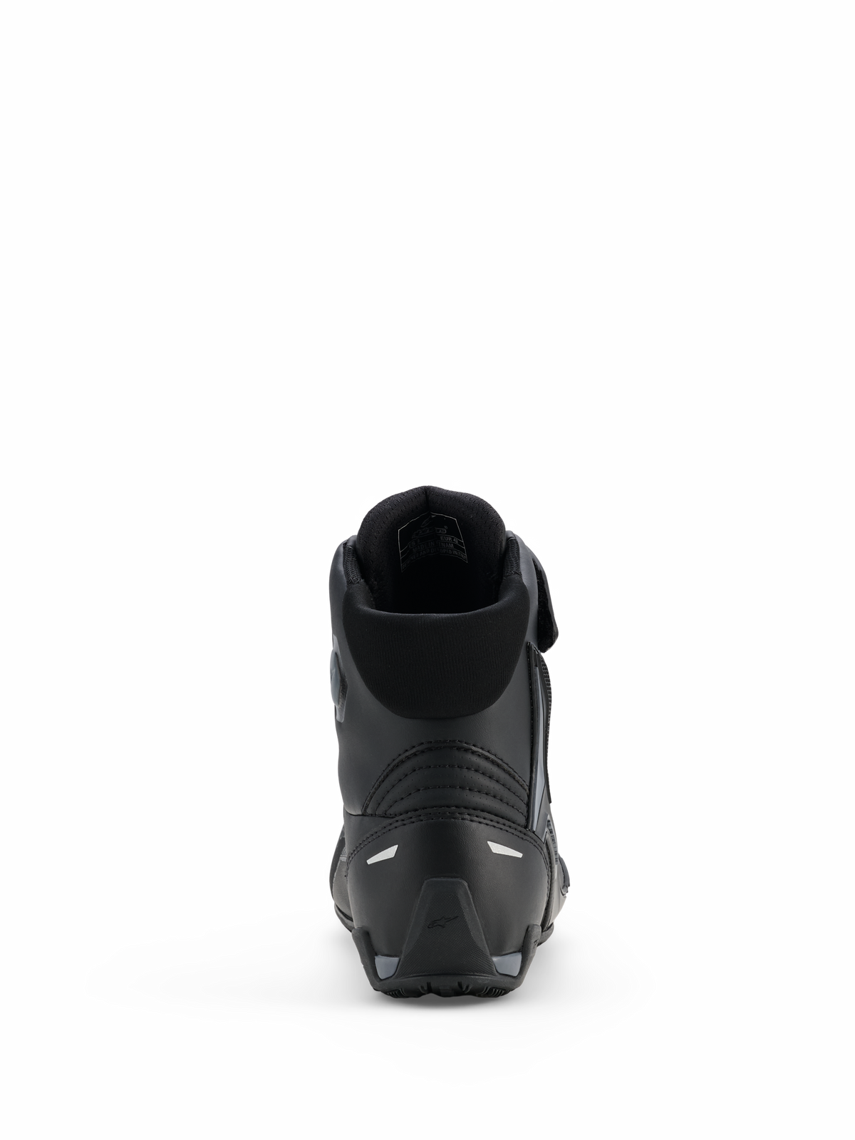 Alpinestars Faster-4 Drystar® skor, motorcykelskor, Black Cool Gray, vy bakifrån som visar förstärkt häl, vadderad krage och reflekterande detaljer, vattentät mikrofiberkonstruktion för sportkörning
