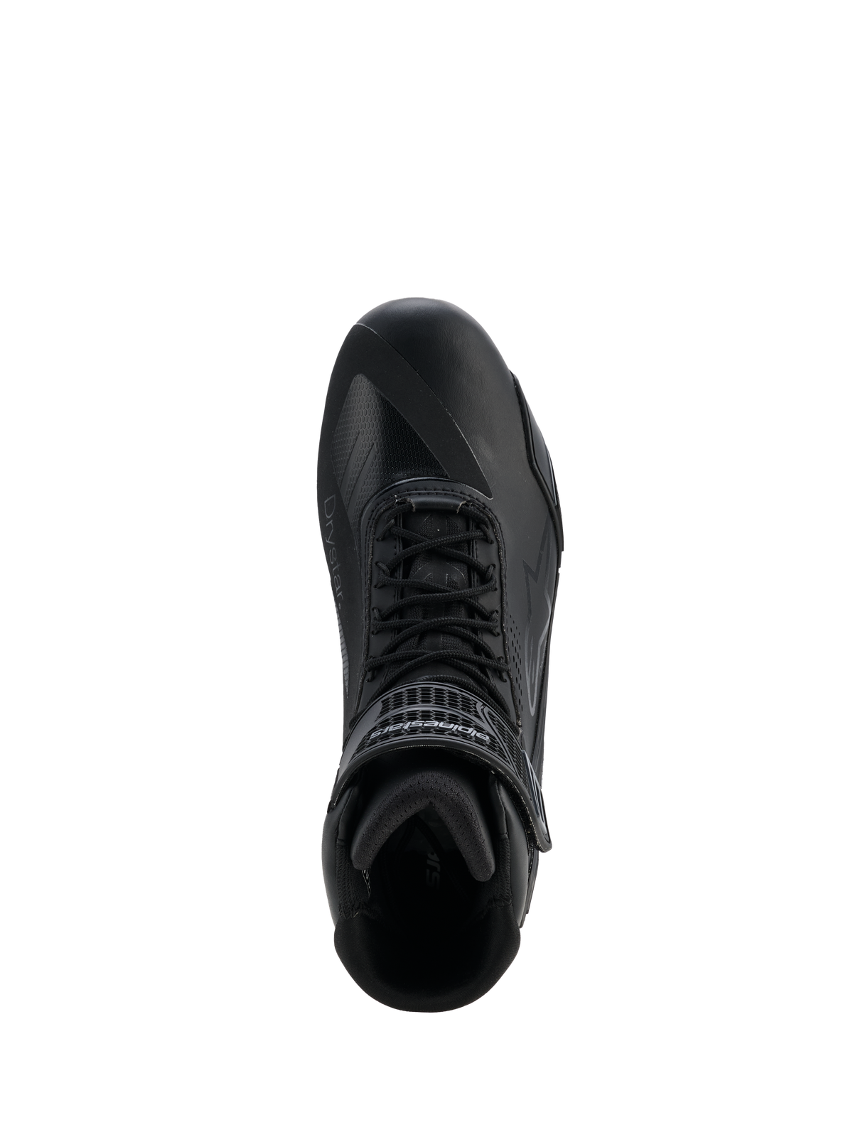 Alpinestars Faster-4 Drystar® skor, Black Cool Gray, vy uppifrån av motorcykelsko, med snörning och kardborreband vid ankeln, sömlös mikrofiberkonstruktion med Drystar®-märkning, slimmad atletisk profil för skyddande vägkörning.