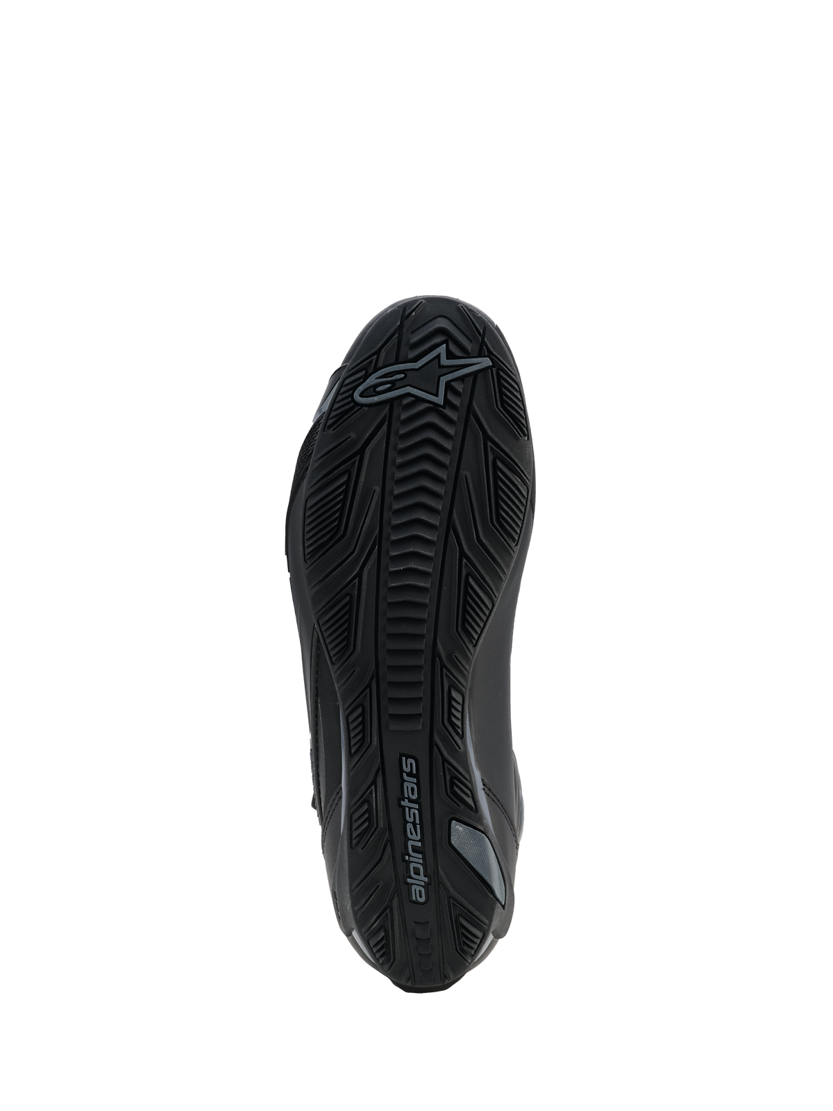 Alpinestars Faster-4 Drystar®-skor, Black Cool Gray, vy underifrån som visar den texturerade gummisulan med greppmönster och Alpinestars-logotyp, förstärkt design för stabilitet och grepp.
