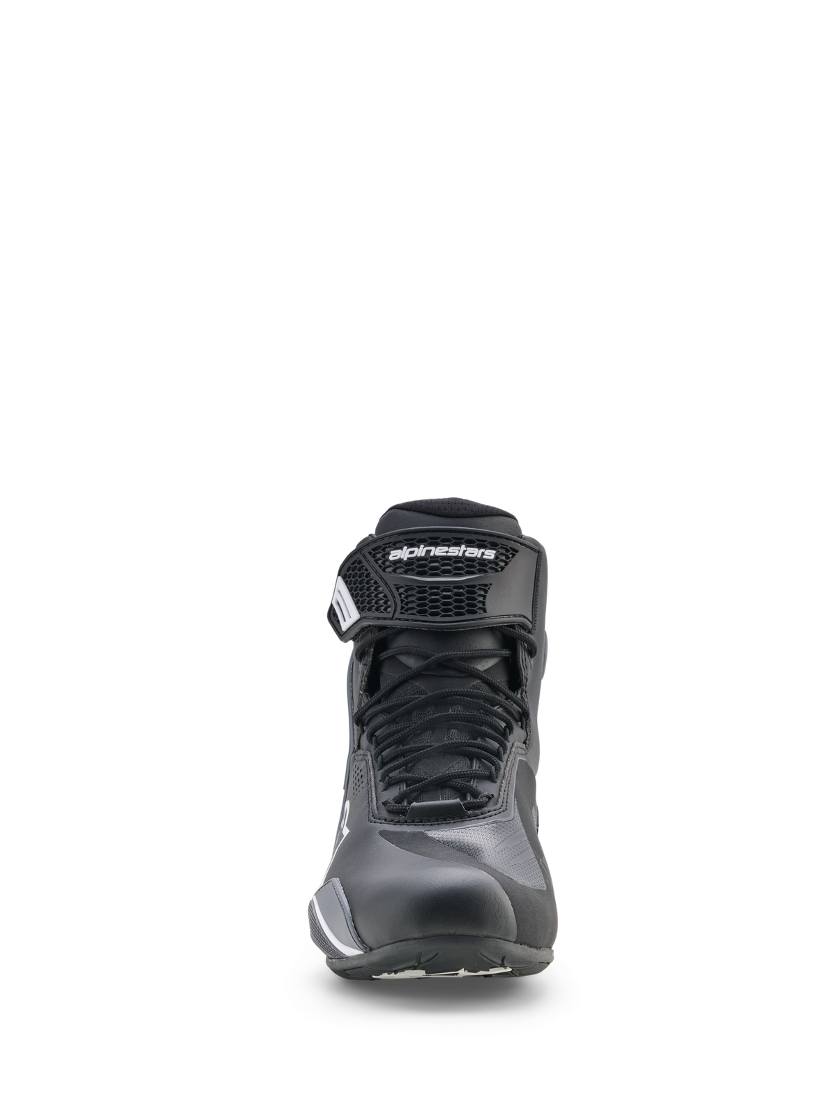 Alpinestars Faster-4 Drystar® skor, motorcykelskor, svarta, cool gray och vita, frontvy med snörning och kardborreband vid ankeln, sportig låg profil för vägkörning
