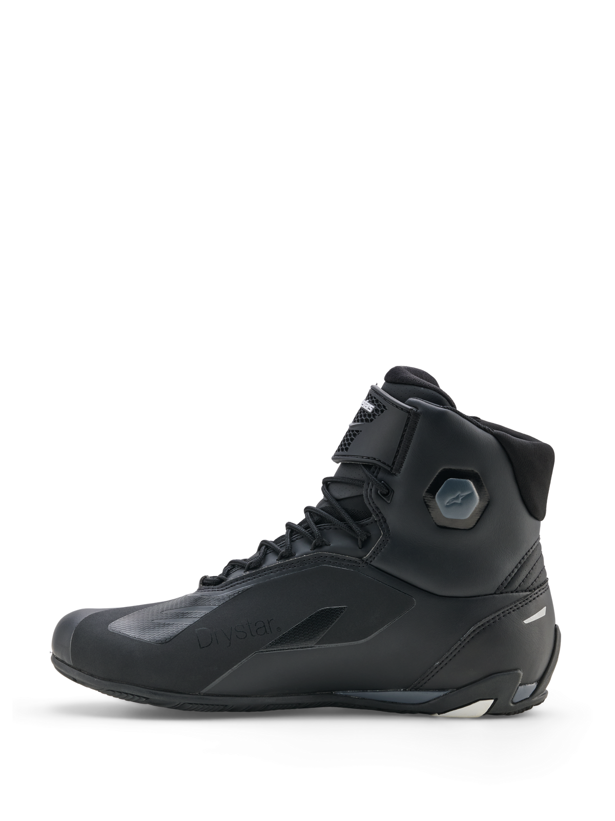 Alpinestars Faster-4 Drystar® skor, motorcykelskor, svart cool grå vit, sidoprofil som visar vattentät konstruktion, snörning med kardborreband och integrerat ankelskydd.