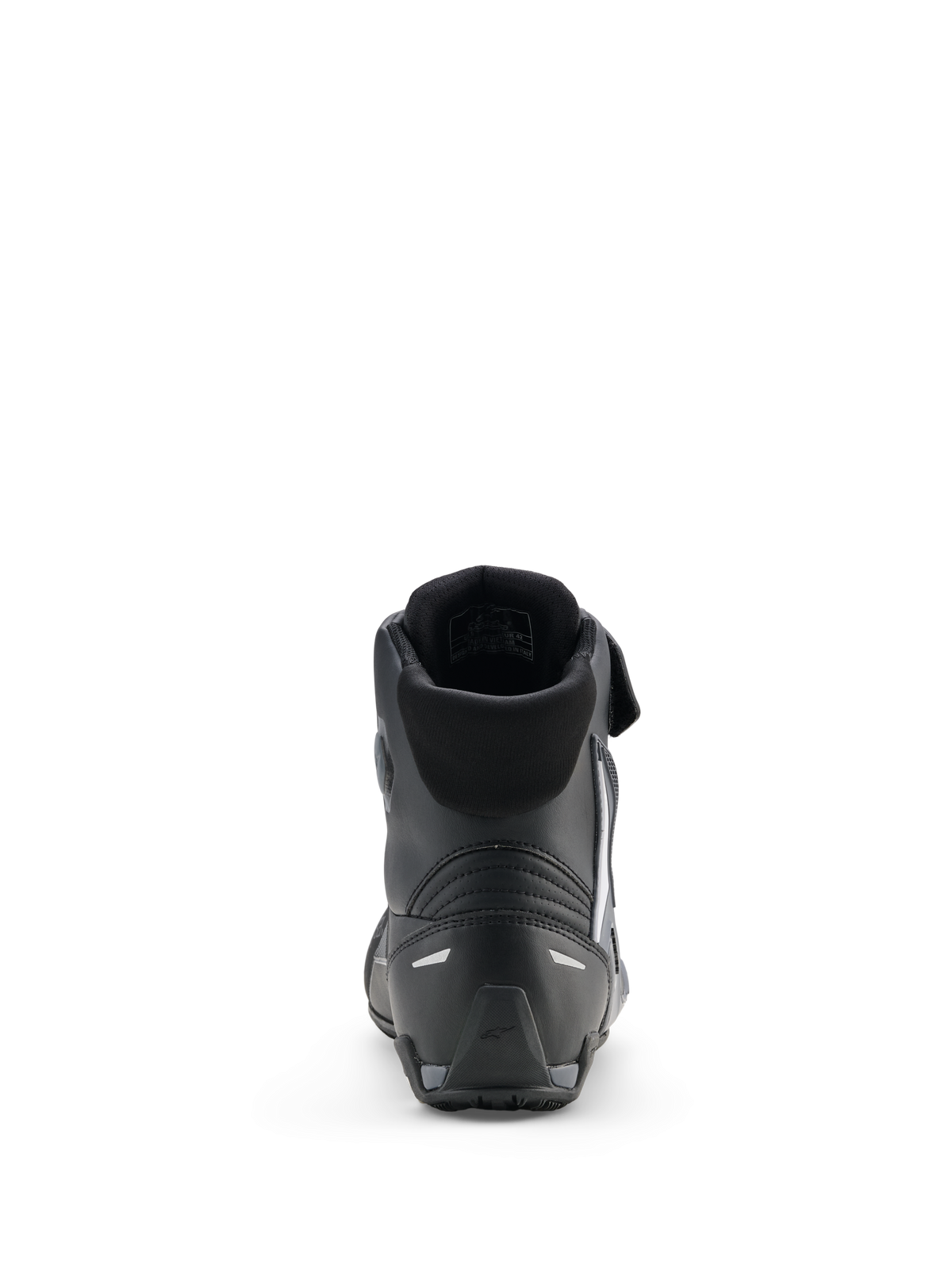 Alpinestars Faster-4 Drystar® skor, motorcykelskor, Black Cool Gray White, baksida som visar vadderad krage, förstärkt häl med reflekterande detaljer och texturerad gummisula för sportprestanda.