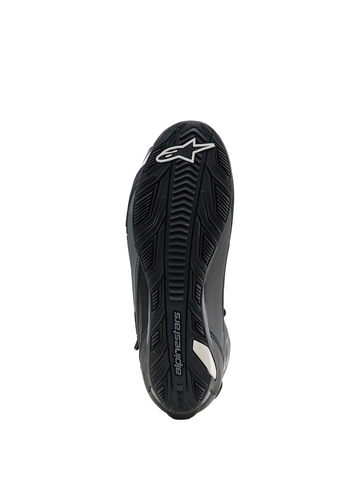 Alpinestars Faster-4 Drystar-skor, motorcykelskor, svarta, vy av sulan som visar förstärkt yttersula i gummi med texturerat grepp, vit stjärnlogotyp vid tån och Alpinestars-logotyp, designad för stabilitet och grepp på fotpinnarna.