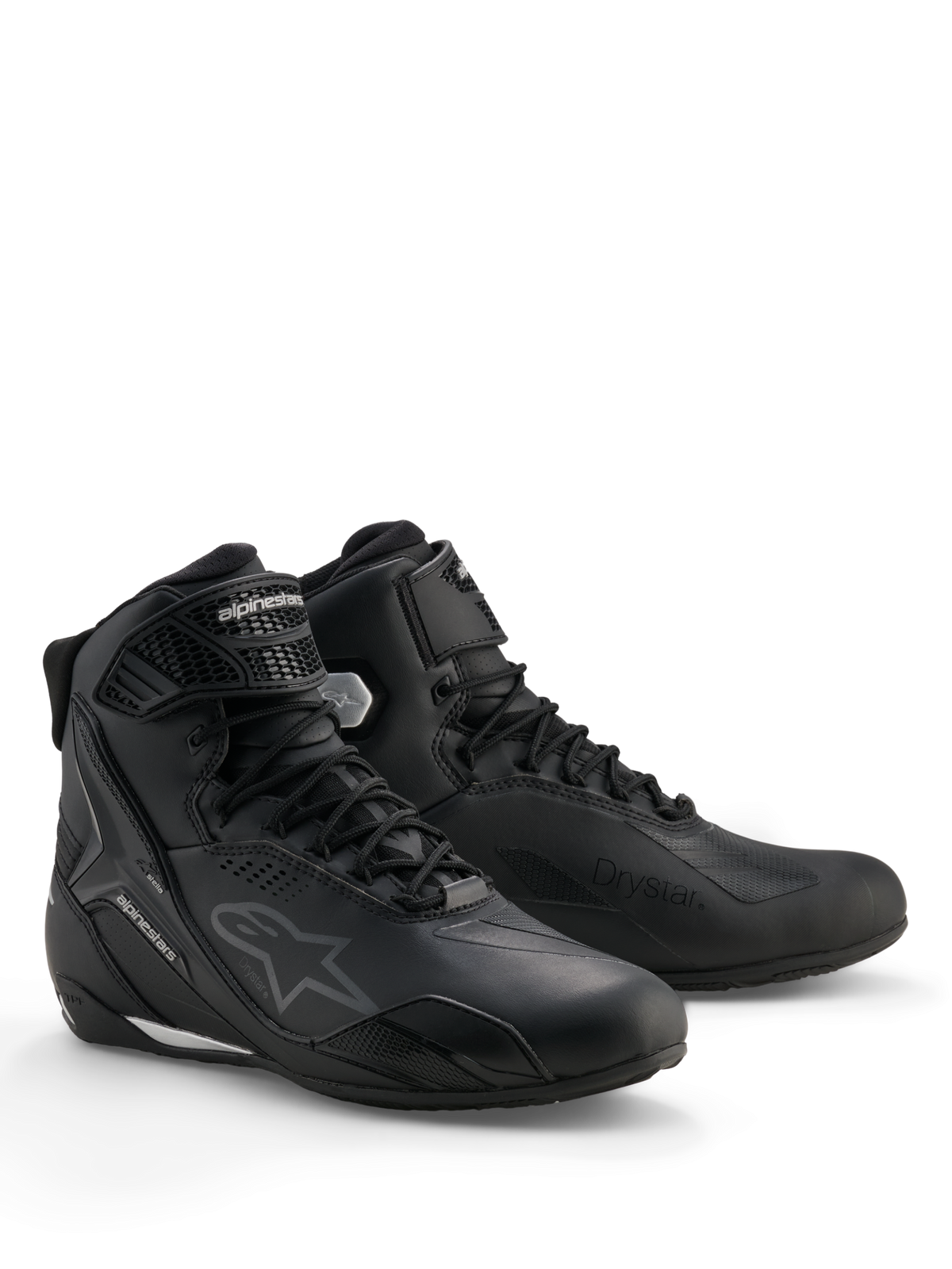 Alpinestars Stella Faster-4 Drystar® skor, vattentäta motorcykelskor för damer, svarta och silverfärgade, ovandel i mikrofiber med snörning och ankelrem, skyddande TPU-förstärkningar och Alpinestars-logotyp.