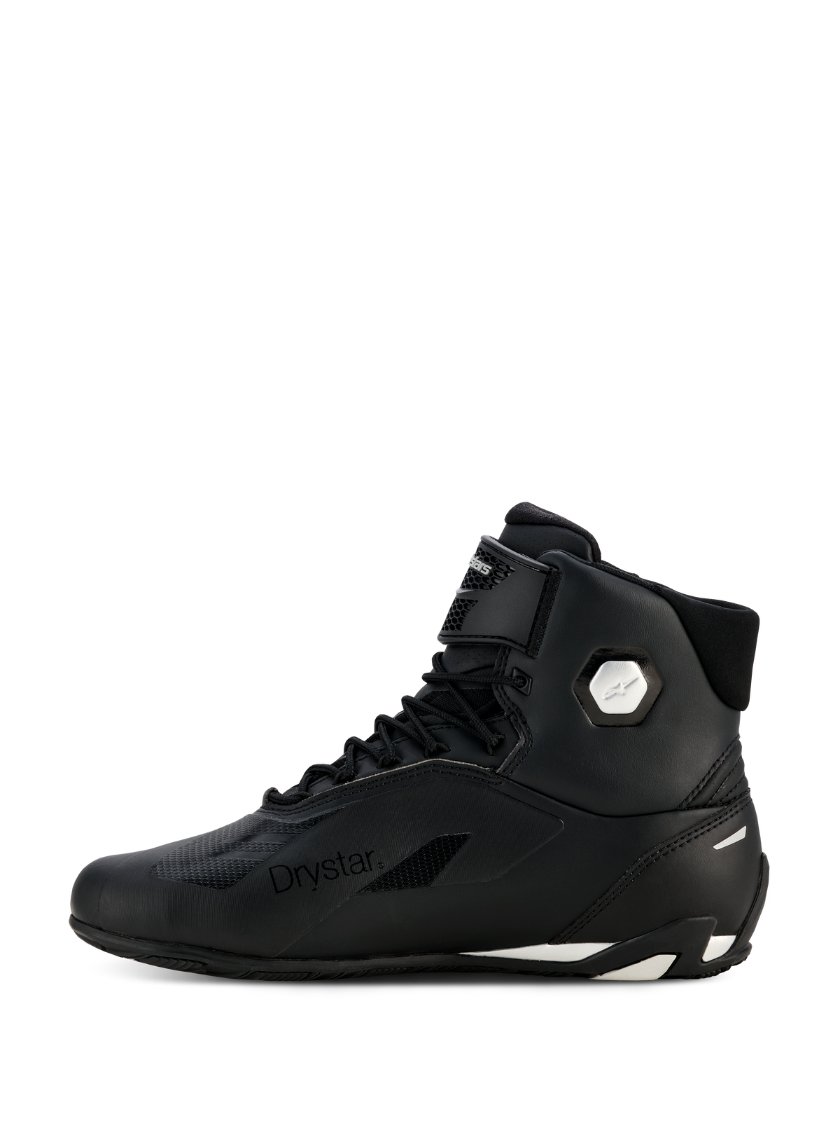 Alpinestars Stella Faster-4 Drystar®-skor för dam, svarta och silvriga, sidovy i profil, vattentäta motorcykelskor med ovandel i mikrofiber, snörning och kardborreband, med Drystar-logotyp och silvrig ankellogotyp.