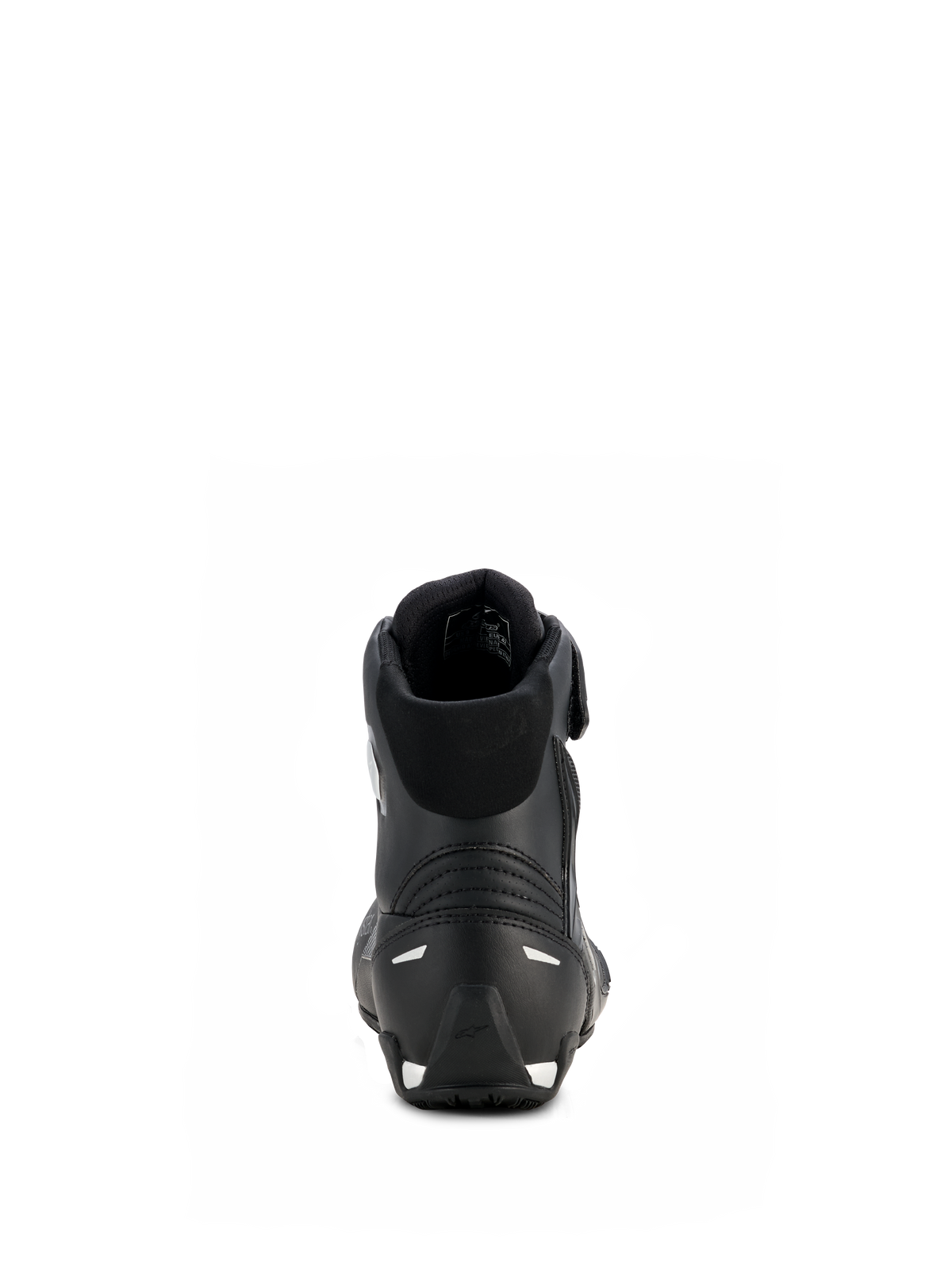 Alpinestars Stella Faster-4 Drystar® damskor, svart och silver, vy bakifrån som visar förstärkt häl med silverdetaljer, vadderad krage och vattentät mikrofiberdesign