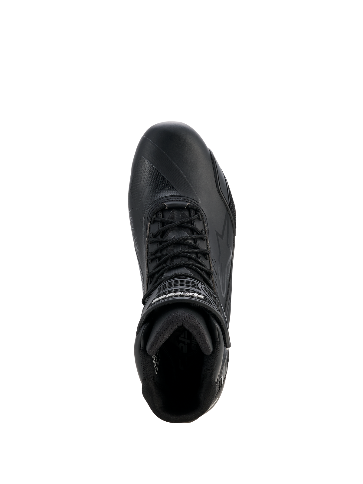 Alpinestars Stella Faster-4 Drystar® skor för dam, motorcykelskor, svart och silver, vy uppifrån som visar snörning, kardborreband vid ankeln och vattentät mikrofiberkonstruktion
