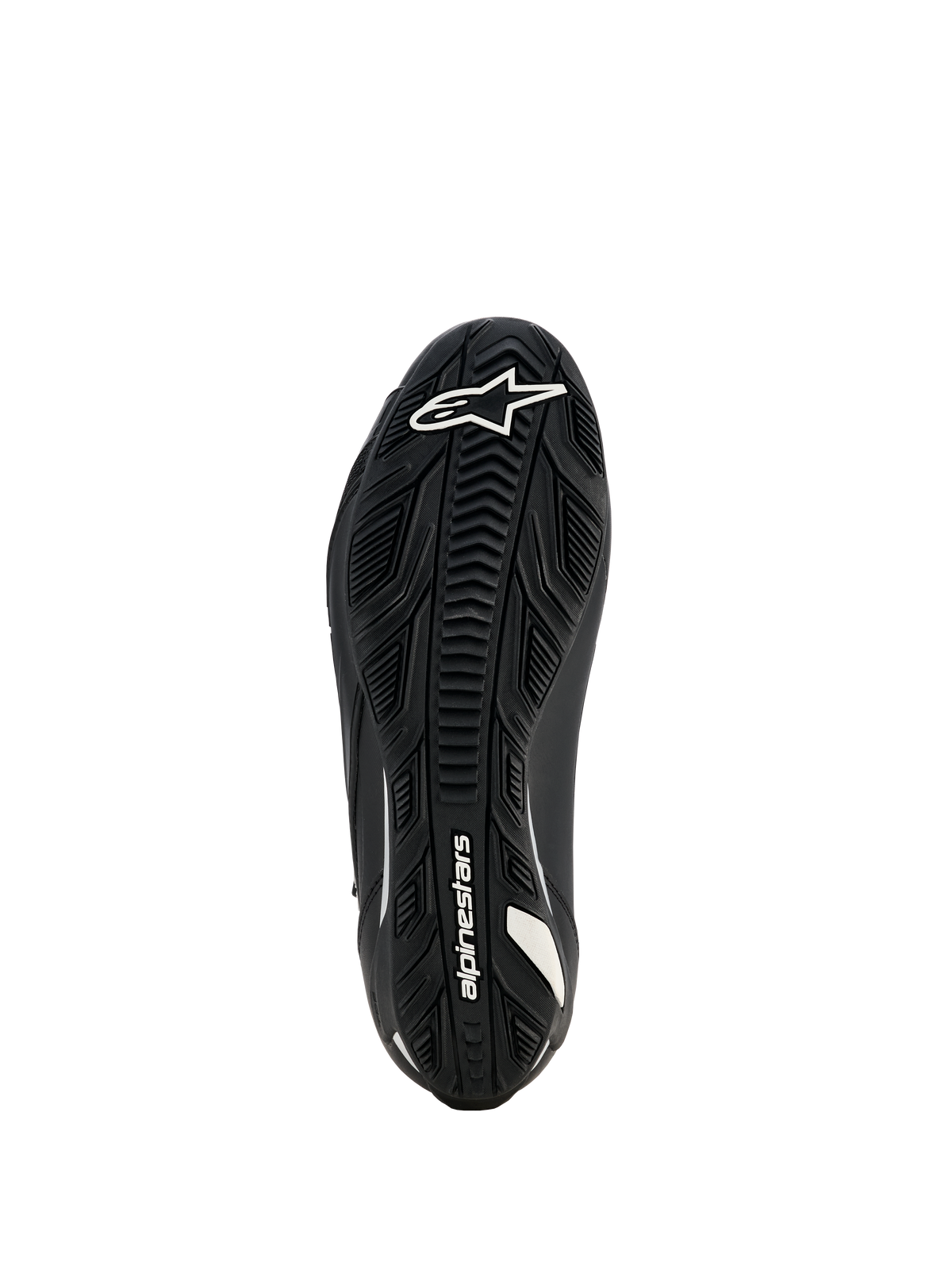 Alpinestars Stella Faster-4 Drystar-skor för dam, motorcykelskor, svarta, vy av sulan som visar en mönstrad gummiyttersula med vit Alpinestars-logotyp och varumärkesdetaljer, designad för överlägset grepp och hållbarhet.