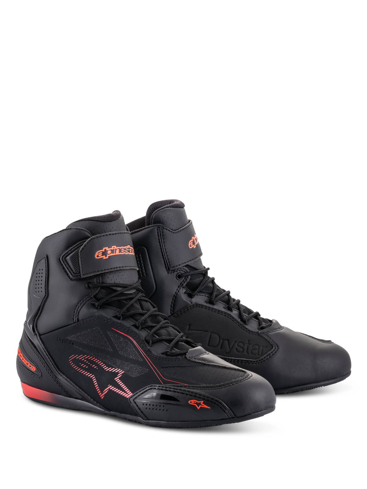Alpinestars Faster-3 Drystar® skor, motorcykelskor, svart och röd fluo, med hög profil, snörning och vristrem, mikrofiberkonstruktion med fluorescerande röda logotyper och detaljer