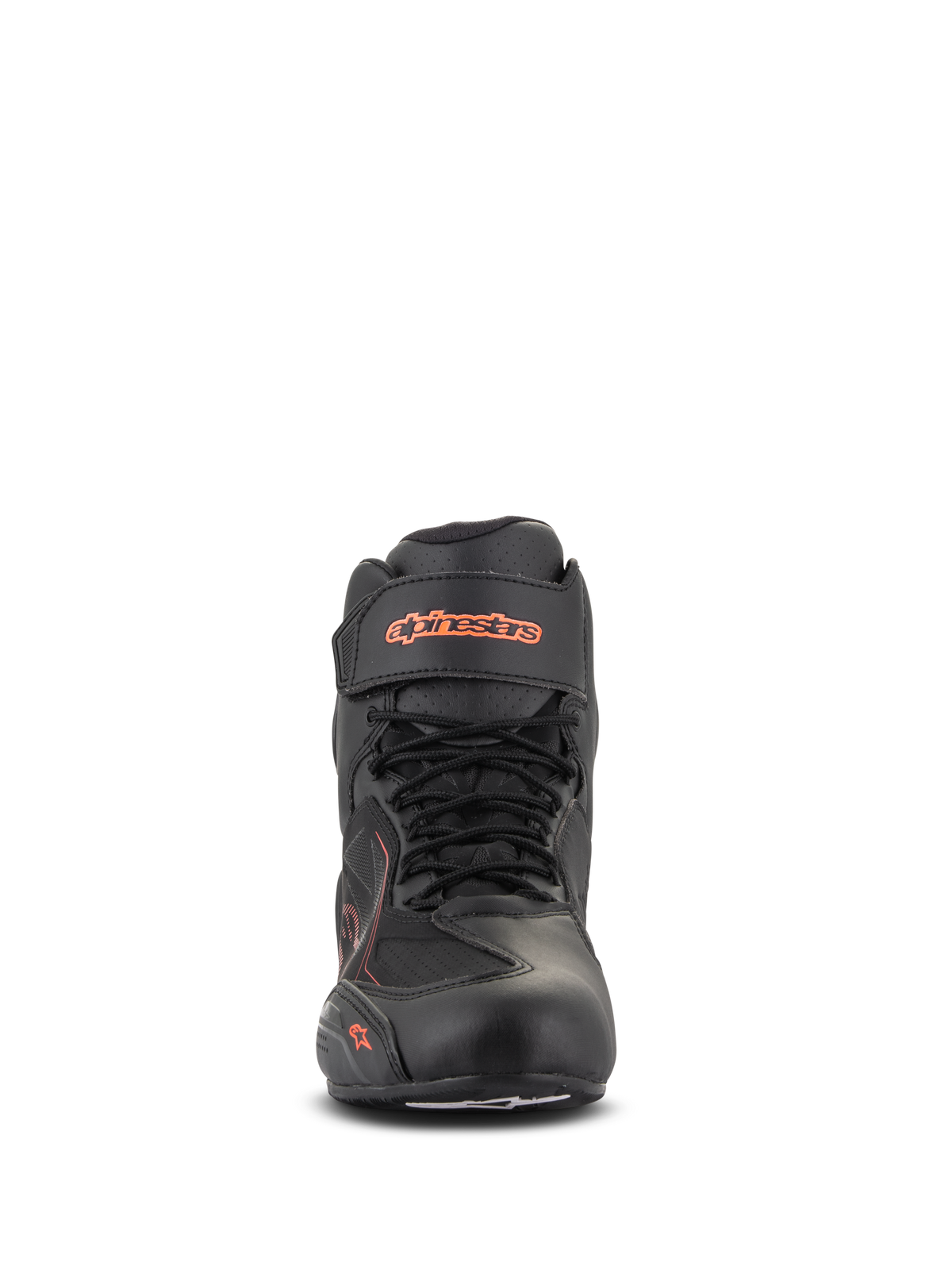 Alpinestars Faster-3 Drystar® skor, svart och röd fluo, vy framifrån, vattentät motorcykelsko med mikrofiberchassi, snörning och kardborreband vid ankeln, fluorescerande logotyp