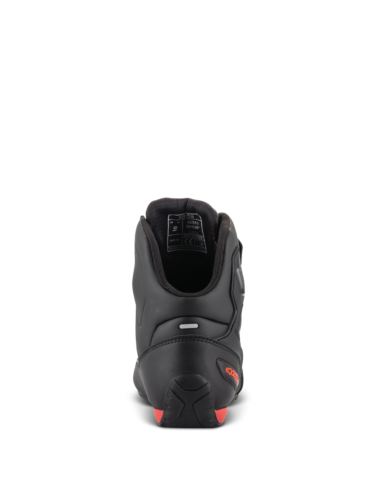 Alpinestars Faster-3 Drystar® skor, motorcykelskor, vy bakifrån som visar häl och ankel, svart mikrofiber med röd-fluo detaljer, reflexremsa för synlighet, sportinspirerade skyddsskor för väg- och stadskörning