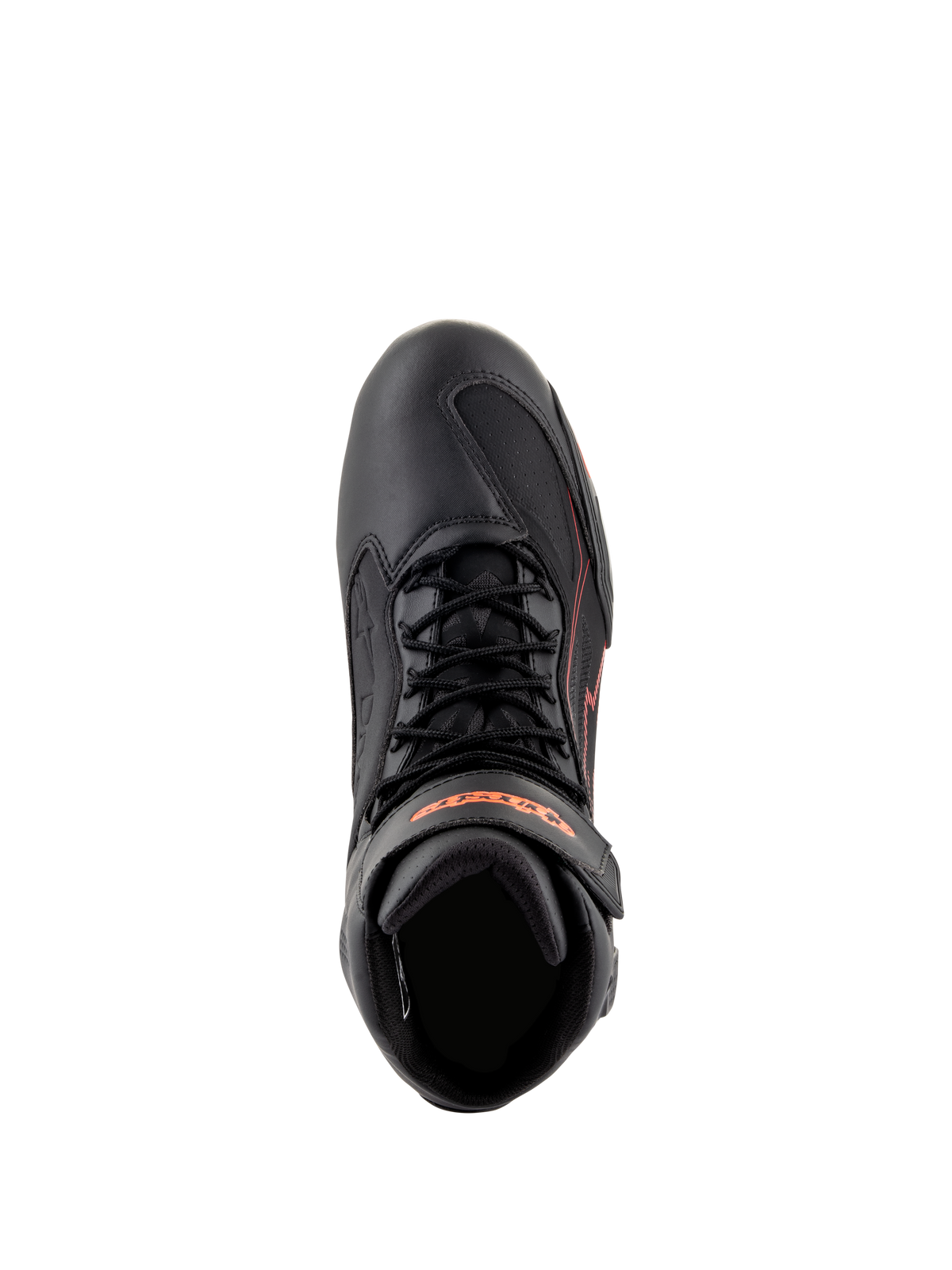 Alpinestars Faster-3 Drystar® skor, motorcykelskor, svarta med röd-fluo-detaljer, vy ovanifrån som visar skosnören och ankelrem, teknisk mikrofiberkonstruktion