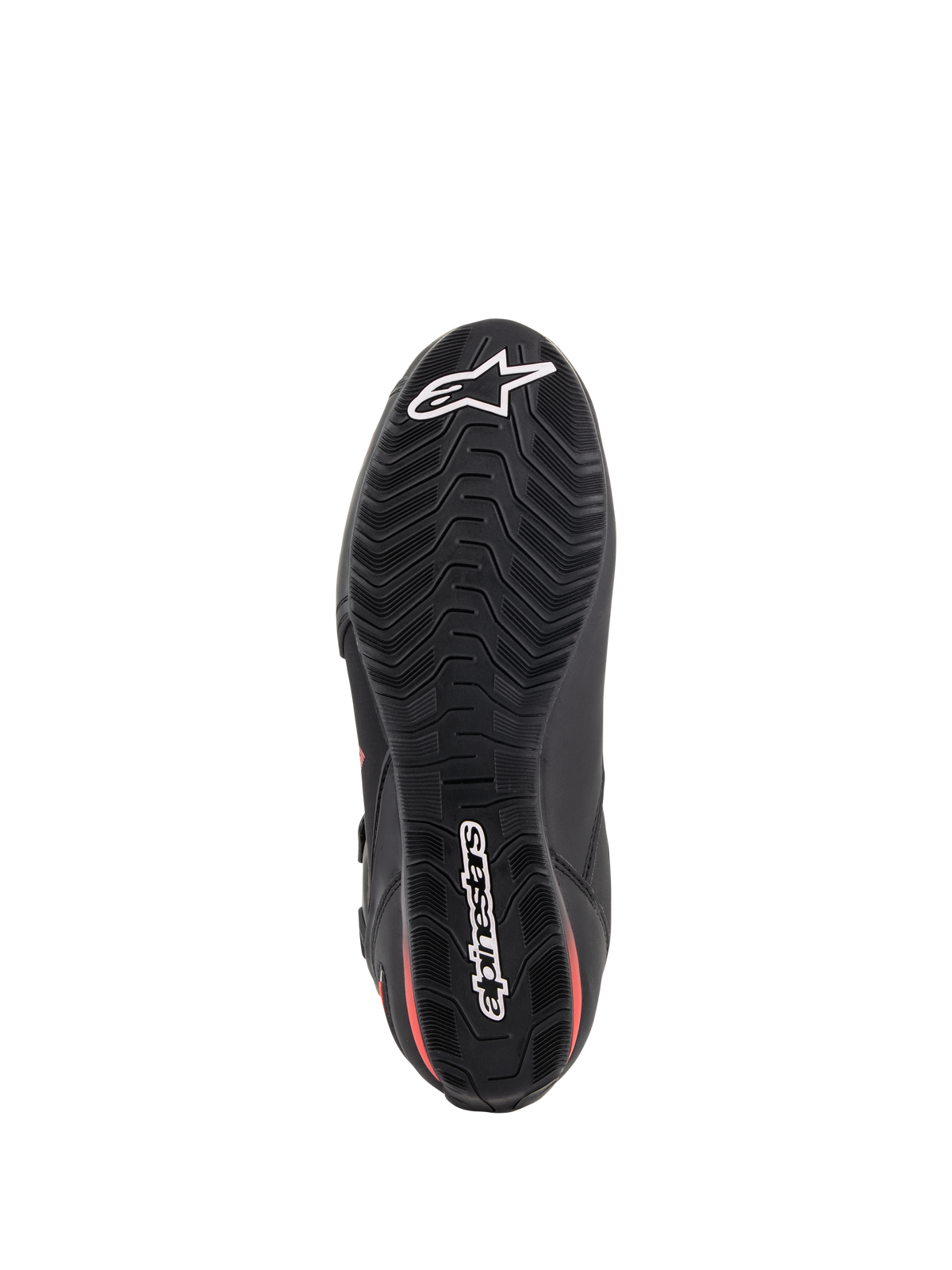 Alpinestars Faster-3 Drystar® skor, motorcykelskor, svart och röd fluo, vy av sulans undersida, mönstrad gummiyttersula med vågigt mönster, vit Alpinestars-stjärna och logotyp, vattentäta prestandaskor